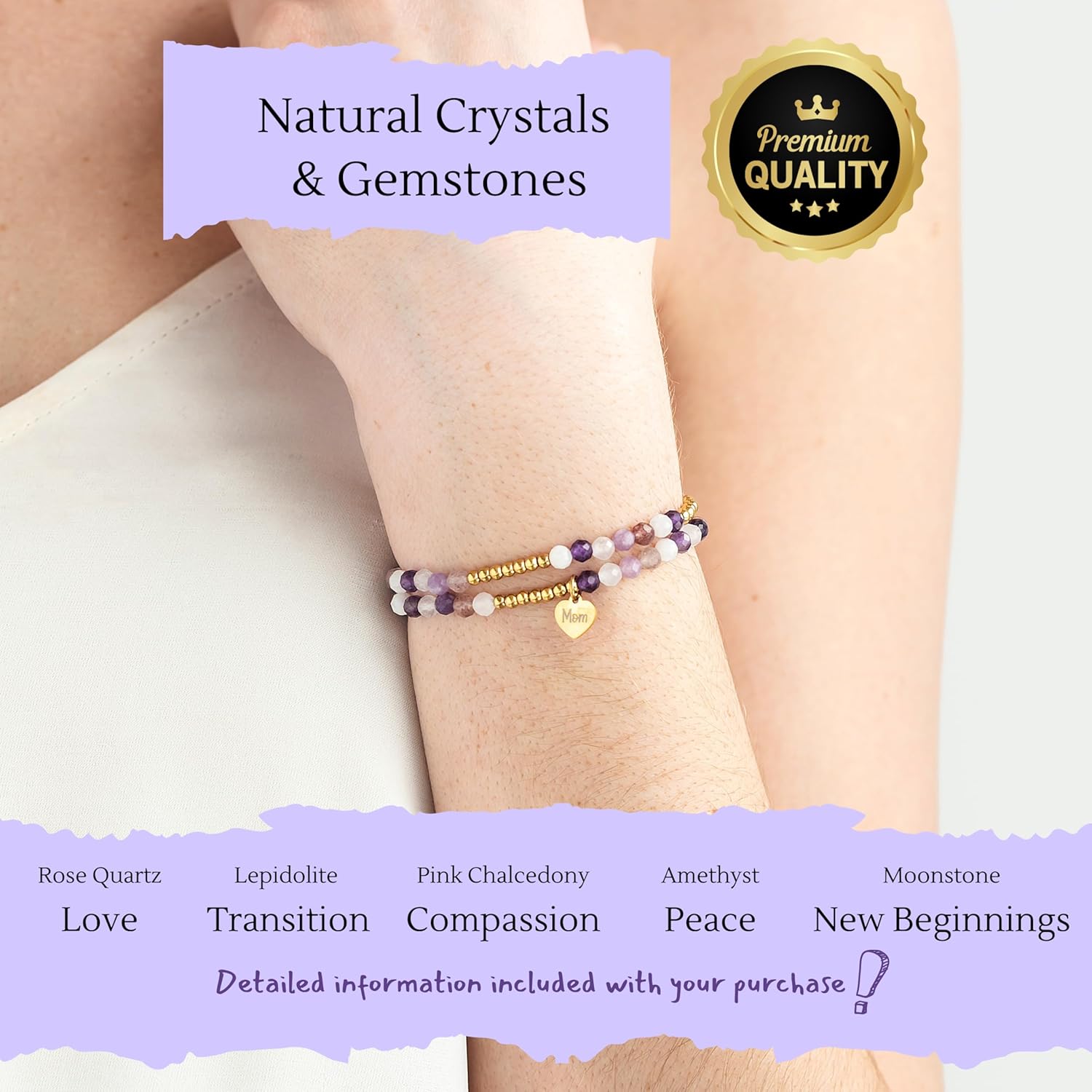Bracelet for Mom with Crystals and Gemstones - New Mom Gifts - Moonstone Amethyst Postpartum Jewelry - One Size Fits All - Image 2