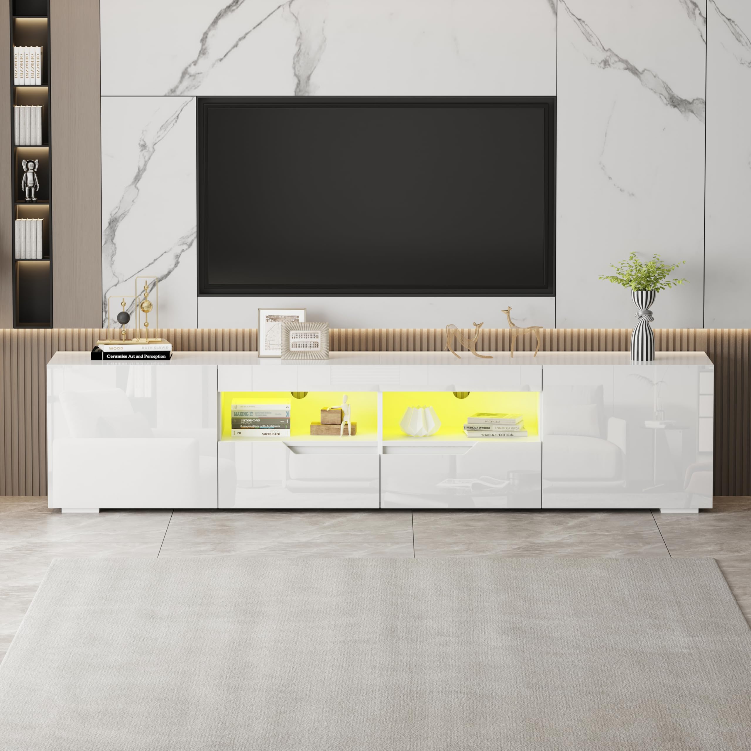 Hochglanz TV Schrank 200 cm mit 16 LED Farben – Modernes TV Lowboard für 65–85 Zoll Fernseher, TV Möbel mit 2 Schubladen & Schränken, Griffloses TV Board für Wohnzimmer (Weiß)