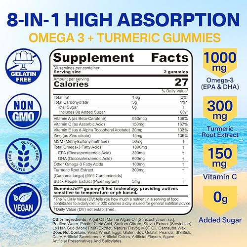 Miniatura 2 de Gomitas veganas Omega-3 de 1000 mg + cúrcuma, alternativa al aceite de pescado Omega 3 para adultos, algas DHA de 600 mg y EPA 300 mg, vitaminas A,
