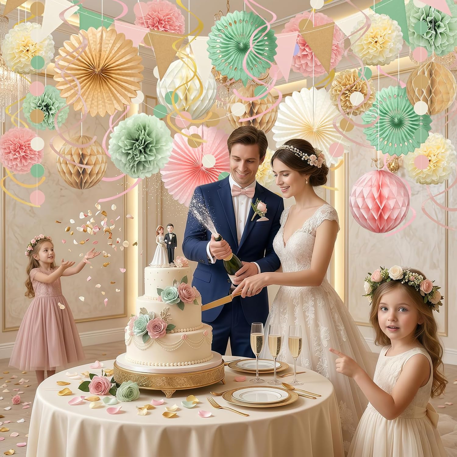 Ycitusi 33Pcs Boho Party Decorations | Sage Green & Peach Pink Photo Backdrop Set | Paper Fans, Tissue Pom Poms, Honeycomb Balls Garlands for Woodland Birthday, Neutral Baby Shower, Rustic Wedding