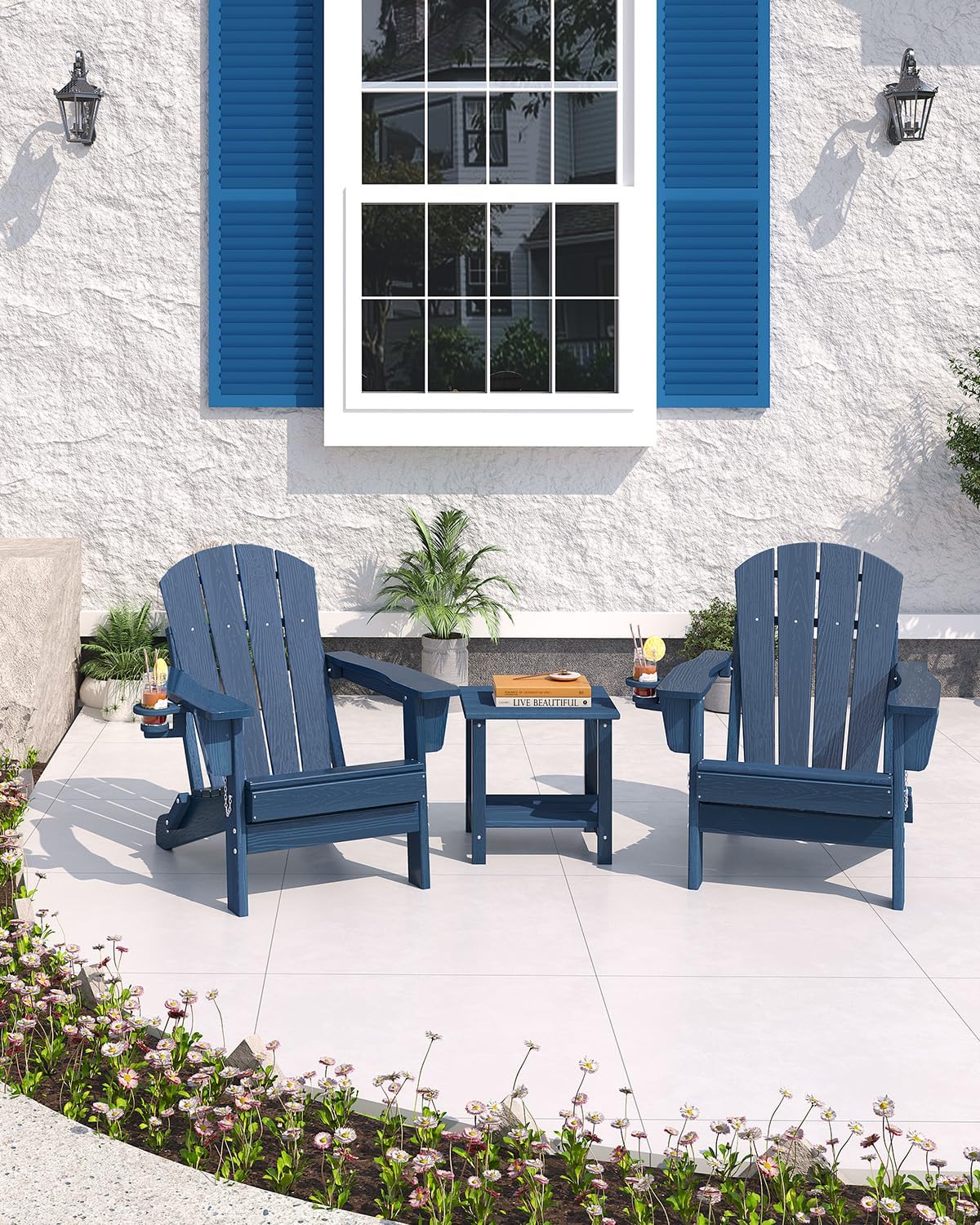 Garvee Chaise Adirondack Pliante HDPE Effet Bois – Résistante Pluie et Toutes Saisons – Porte-gobelet – Idéale terrasse, Jardin, Piscine, Coin feu – Bleu Marine embossé – Embossed Wood Grain