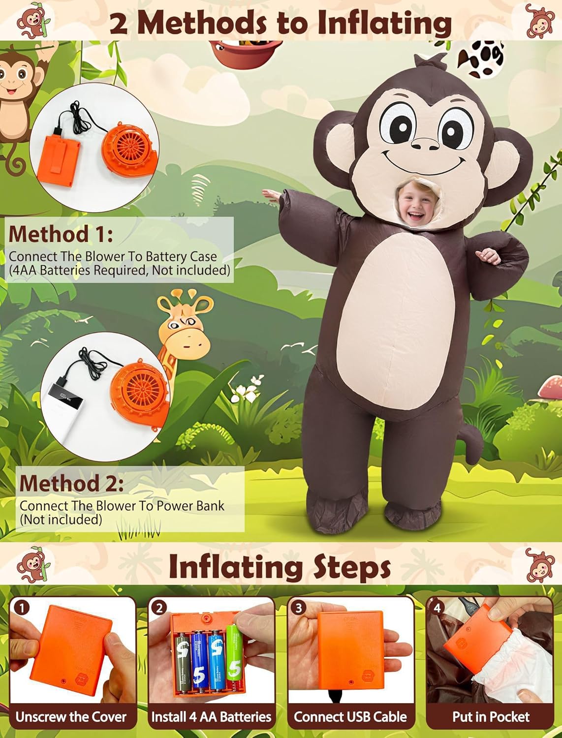 Camlinbo Halloween Inflatable Monkey Costume for Kids, Full Body Blow Up Costume for Halloween Inflatables Boys Girls Party Cosplay - Image 3