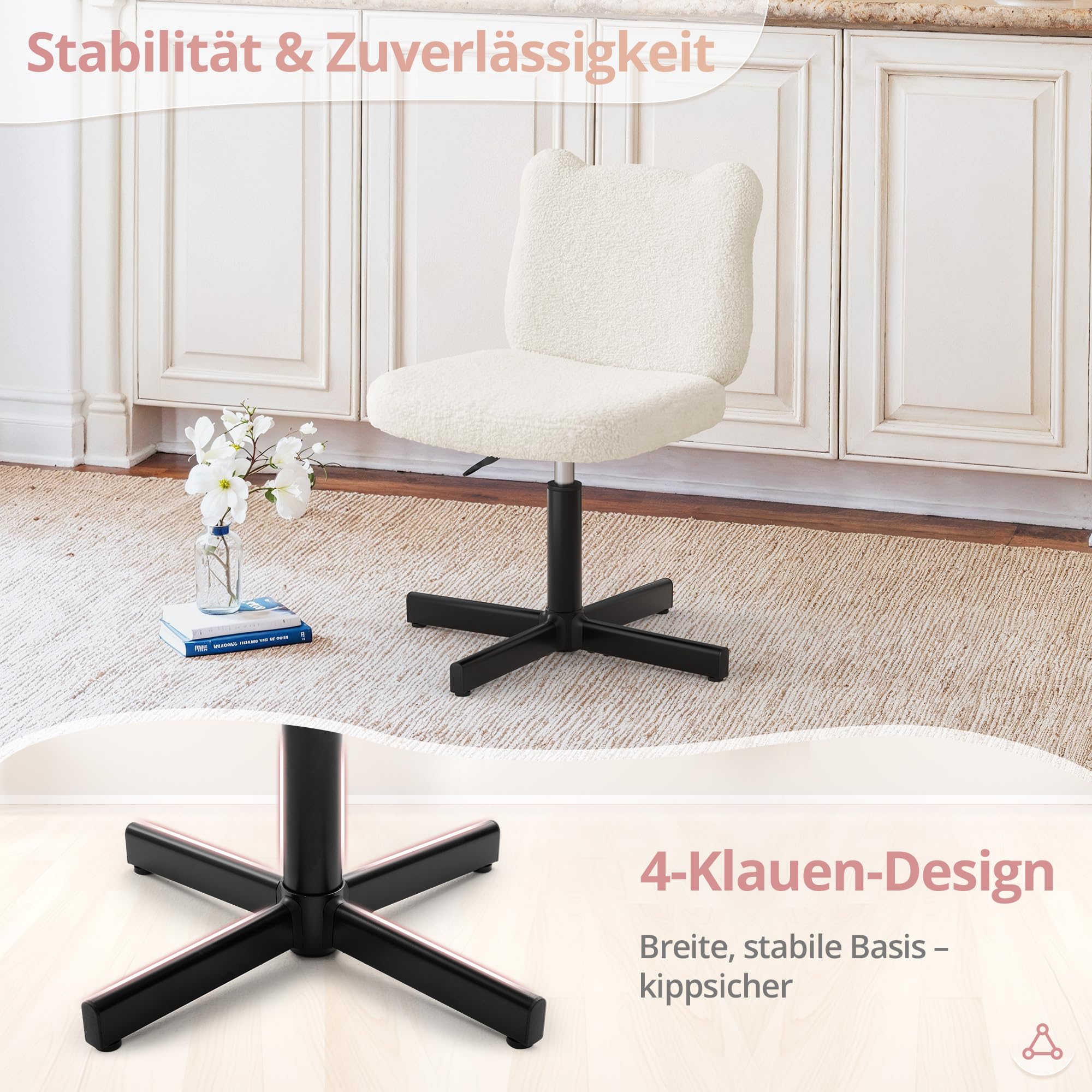 LUE BONA Schminktisch Stuhl mit Bärenohren Rückenlehne – 360° Teddy-Samt Drehsessel, Schminktisch Hocker für Schlafzimmer & Ankleidezimmer, Belastbar bis 136kg, Beige