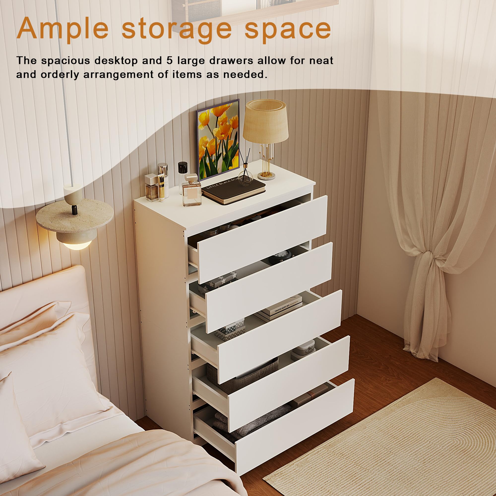 Cajonera con 5 Cajones, Ancho 60 cm, Comoda Dormitorio Blanca, Sinfonier Dormitorio, para Dormitorio, Salón, Oficina y Recibidor, 60x40x121 cm (A x F x A)