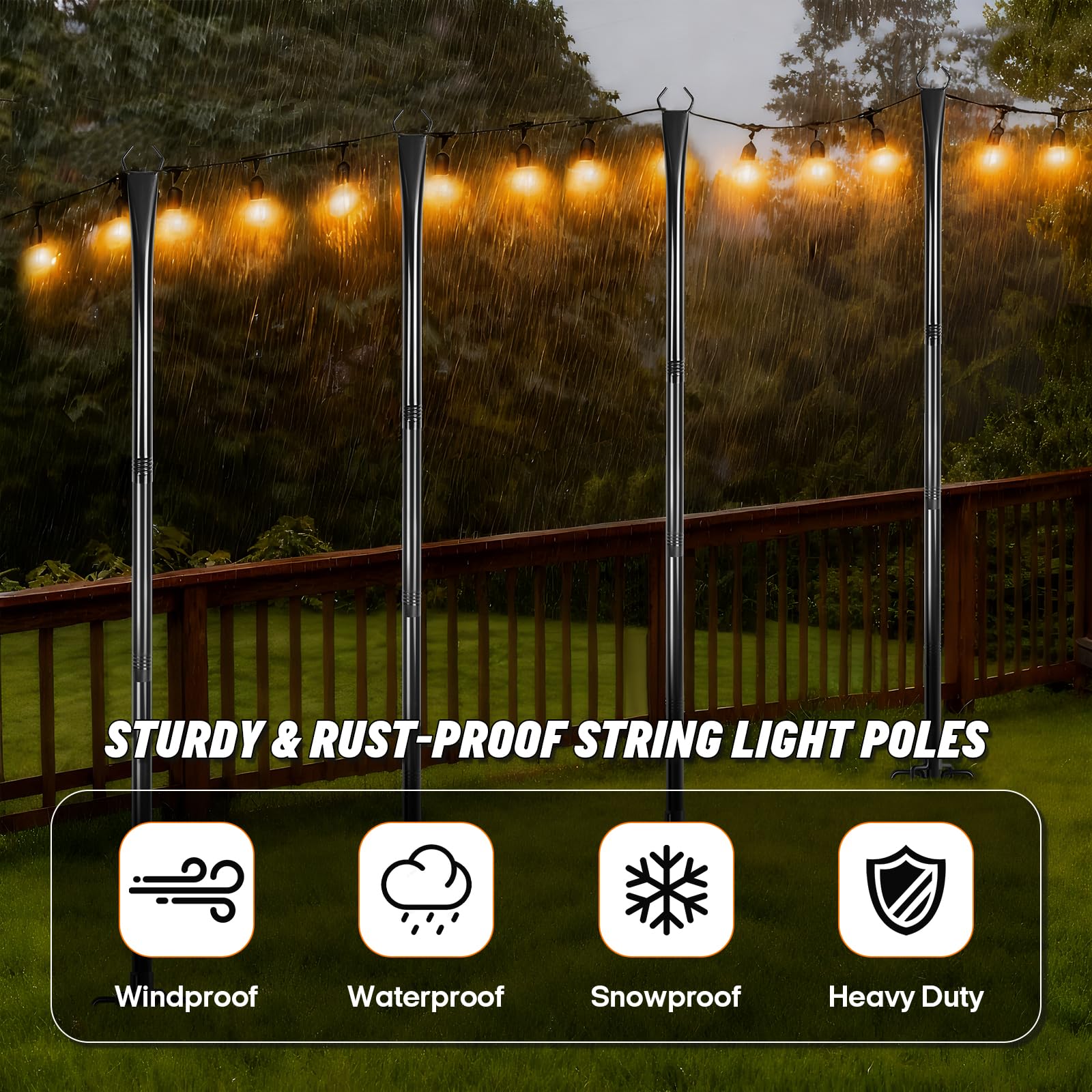 Paquete de 4 postes de luz de cadena de 9.8 pies, postes de metal resistentes con tenedor, resistentes a la intemperie, para exteriores, patio, jardín, terraza, patio, boda, fiesta, decoración