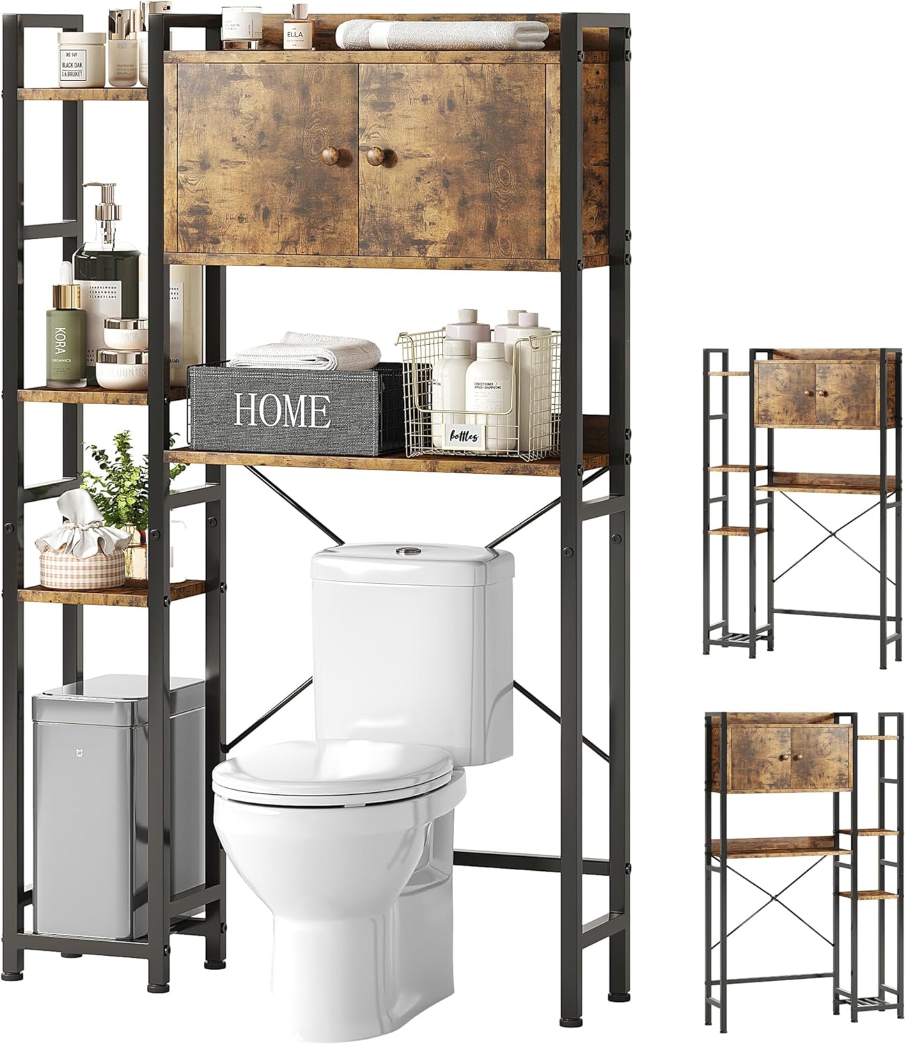 MUTUN Over The Toilet Storage Cabinet with Doors, 7-Tier Bathroom Organizer Storage Shelves, Freestanding Shelf for Restroom Laundry, Plant Stands Indoor, Rustic Brown