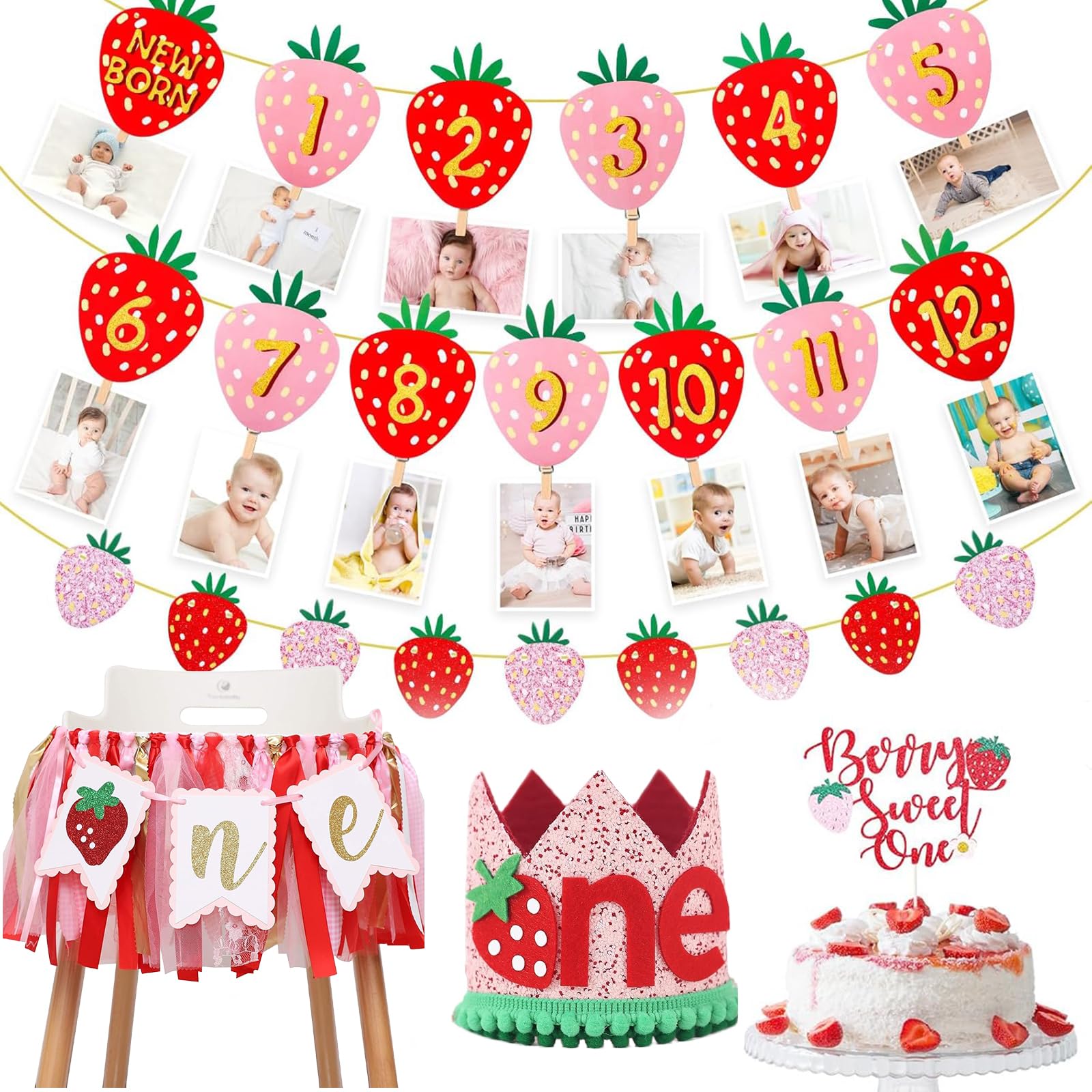 Oudain 6 Pcs Strawberry First Birthday Party Decoration Berry 1st Monthly Photo Banner and Strawberry High Chair Banner and Birthday Hat and Cake