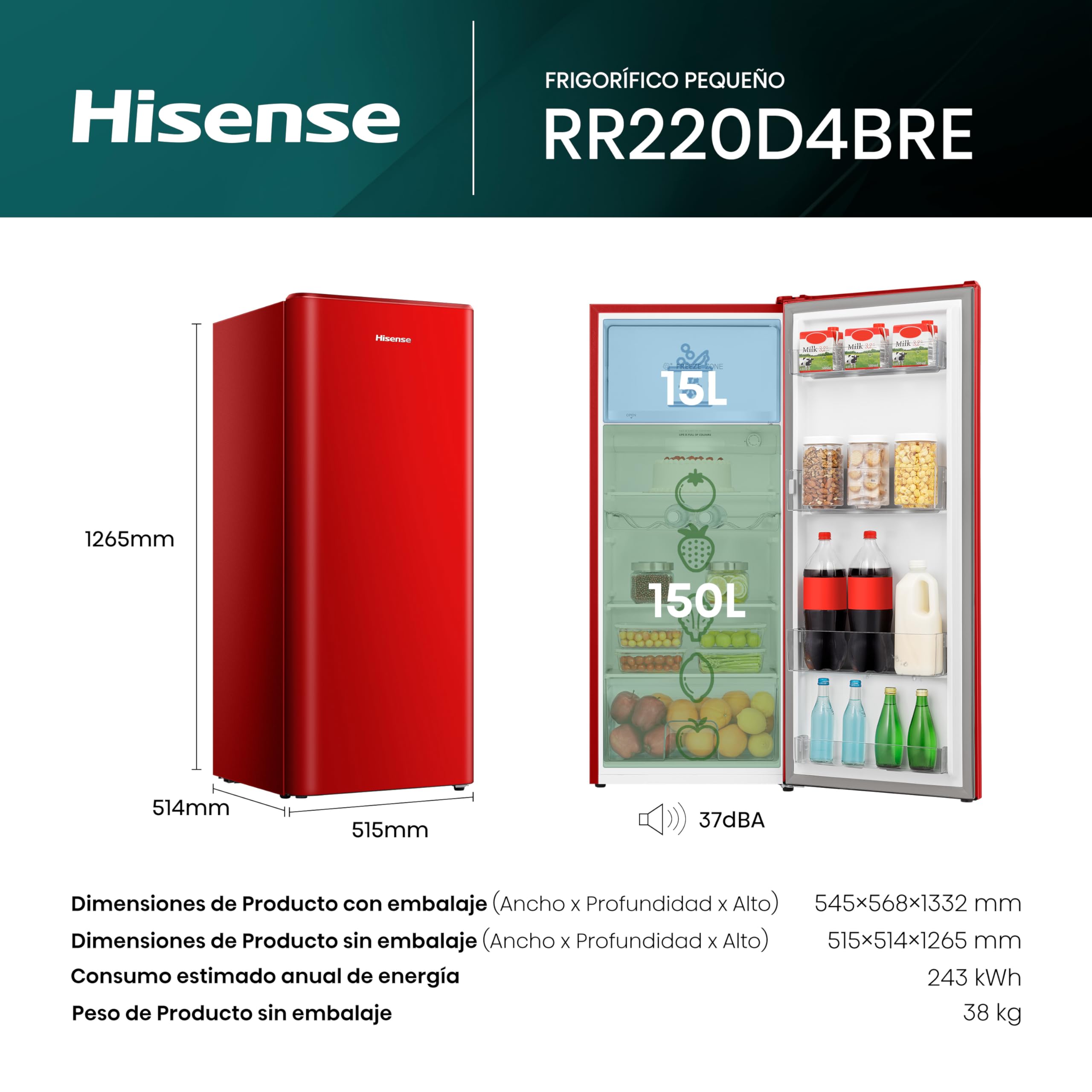 Hisense RR220D4BRE - Frigorífico Una Puerta, Congelador Freeze Zone, 165 L de capacidad, 128 cm alto, Class E, Botellero, Cycle Defrost (Cíclico), Cajón Frutas Y Verduras, Color Rojo