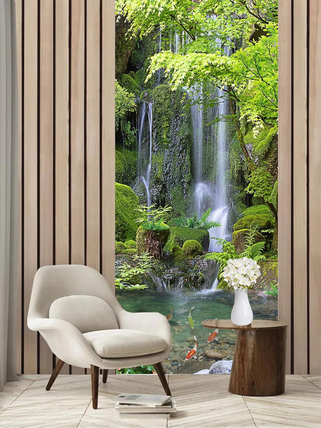 artfanke 3D Peel and Stick Door Sticker 33.5"x84.6"-Self-Adhesive Door Murals Wallpaper-Green Forest Waterfall Wall Decal for Home Decor (2 Sheets/Set)