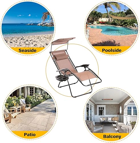 Miniatura 6 de BestMassage Sillas de patio, silla de gravedad cero, paquete de 2 sillas reclinables con toldo plegable y soporte para tazas para diversión al aire