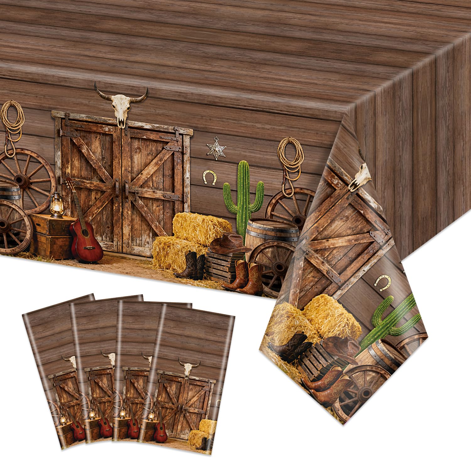 APUXXJUPA Western Cowboy Tablecloth, 4 Pcs Western Cowboy Party Decorations Wood Grain Tablecloths for Country Themed Party Decorations, 130 x 220 cm