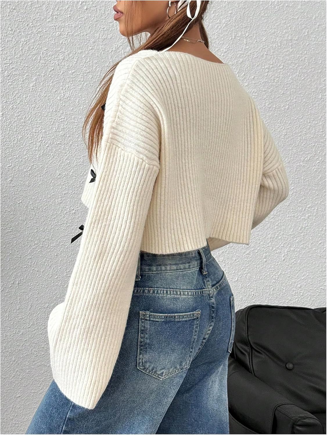 Milumia Women's V Neck Long Sleeve Cute Bow Sweaters Off Shoulder Knitted Crop Solid Pullover - Image 2