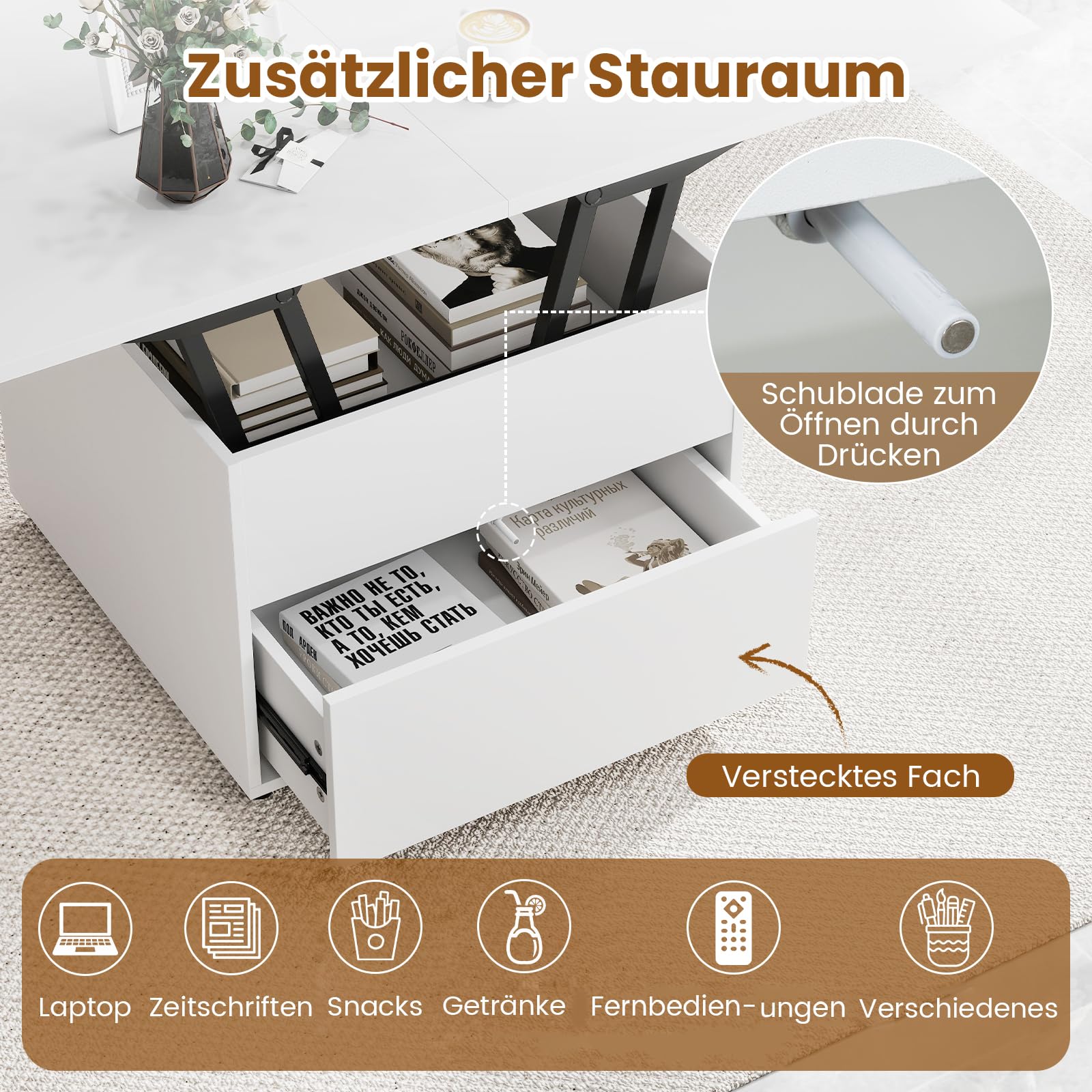 COSTWAY Couchtisch Höhenverstellbar, Wohnzimmertisch mit Schublade, Rollen & verstecktem Stauraum, 3-in-1 Kaffeetisch umwandelbar in Beistelltisch & Esstisch, Sofatisch 120 x 60 x 66 cm (Weiß)
