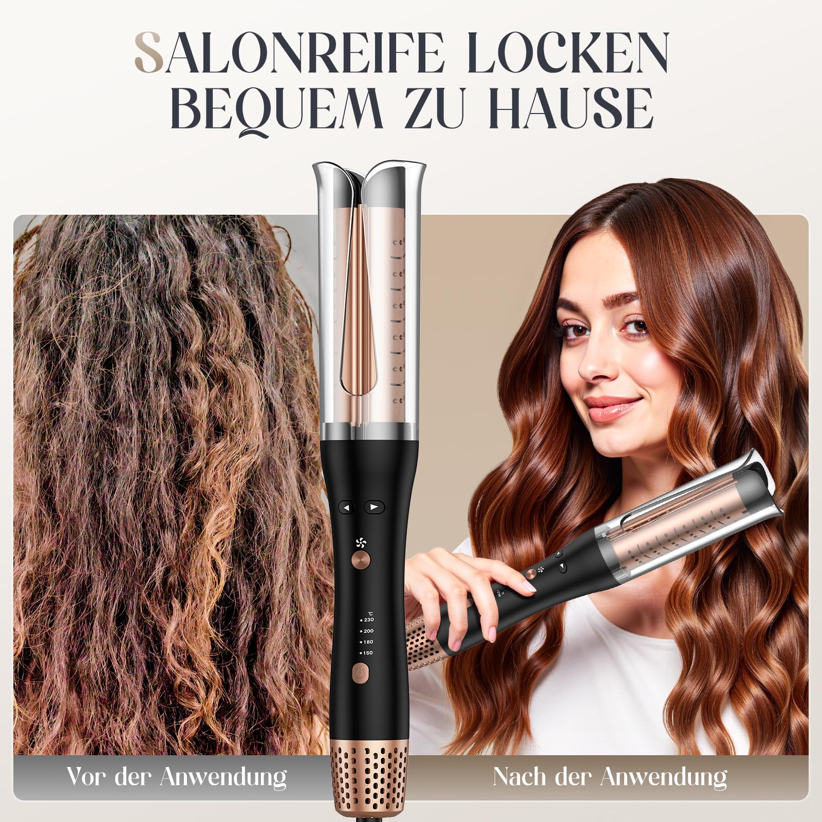 Kaltluft Lockenstab Automatisch – 32mm Beach Waves Curler, 4 Temperaturstufen (150–230°C), Anti-Verbrennungs, Automatischer Rotierender Lockenstab für Große & Kleine Locken, Roségold