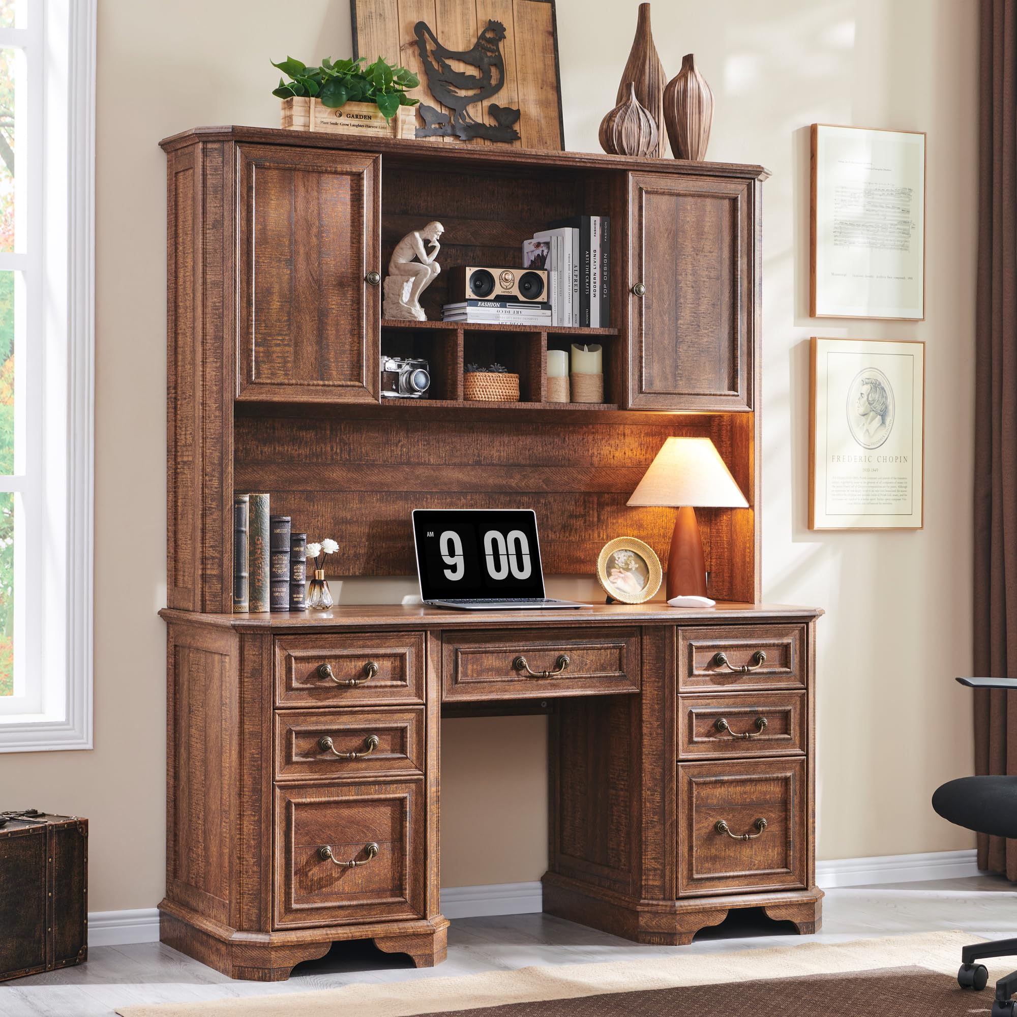 T4TREAM 59" Farmhouse Executive Desk with Hutch,Wood Home Office Computer Desk, Featuring Keyboard Tray,Charging Station,File Drawer, Storage Cabinet,