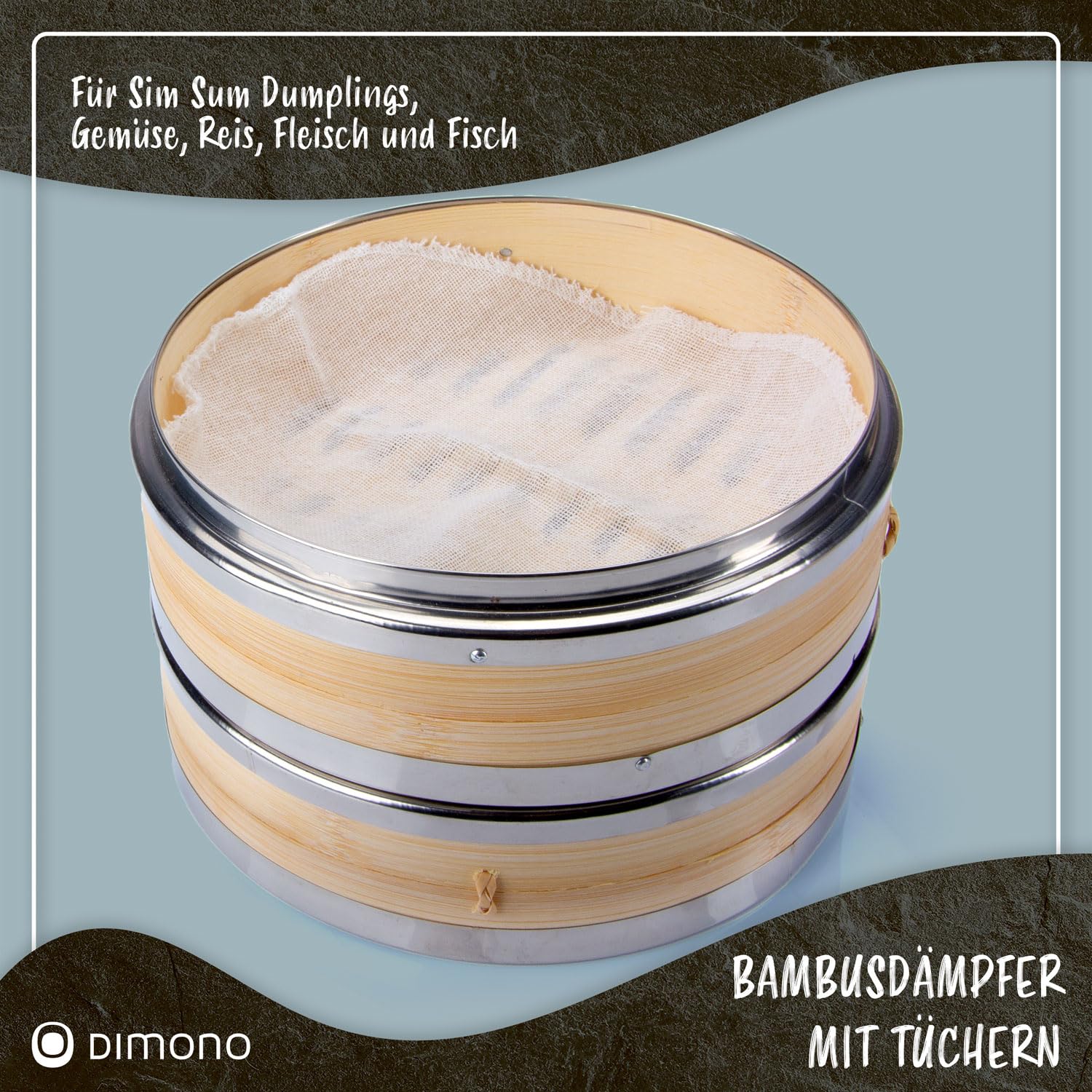 Dimono Bamboo Steamer with Stainless Steel, 2 Tiers Bamboo Steamer with Lid - Image 4
