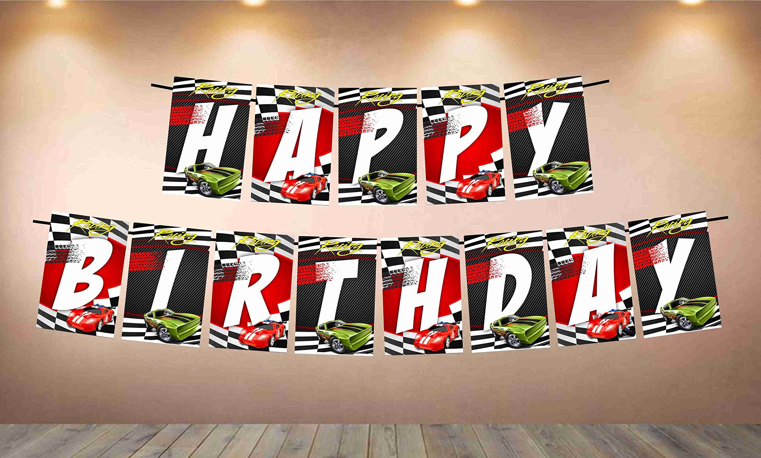 Partyzon Sports Car Theme Happy Birthday Kids Banner for Birthday Decoration Backdrop and Theme Party with Ribbon