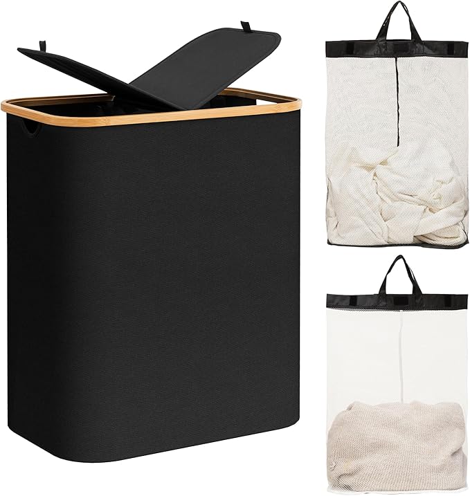 joybest 140L Large Double Laundry Hamper with Lid Removable Bags, Black Laundry Basket with Bamboo Handles, 2 Section Dirty Clothes Hamper for Bathroom, Bedroom & Laundry Room