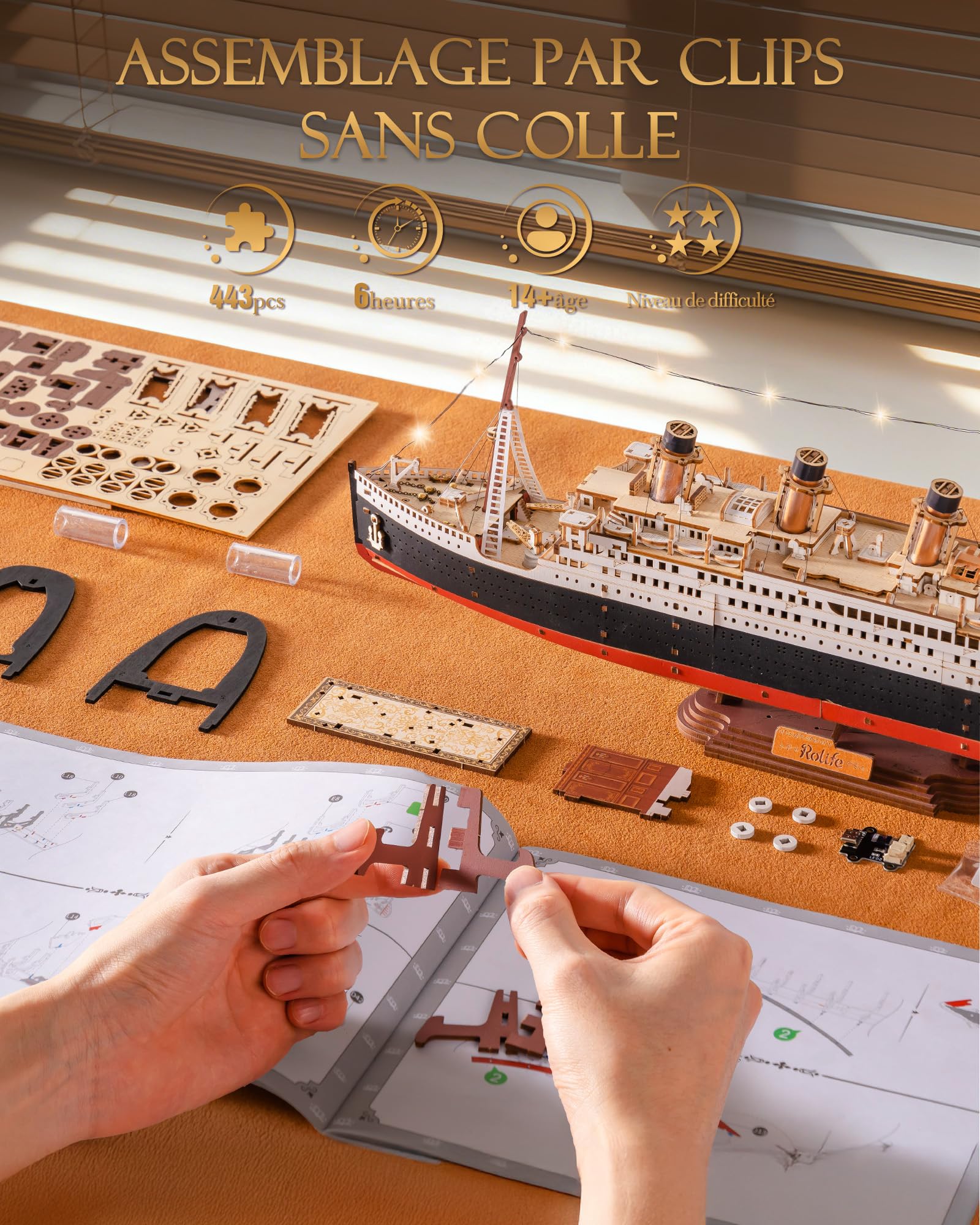 Rolife Puzzle 3D en Bois Modèle de Bateau Titanic - Kit de Construction à Clipser 433 Pièces