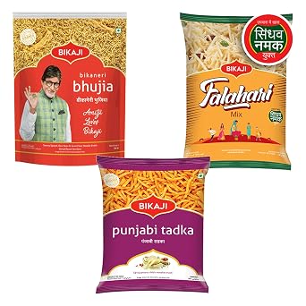 BIKAJI Indian Namkeen Mix Bhujia, Falhari Mix & Punjabi Tadka, 1400g