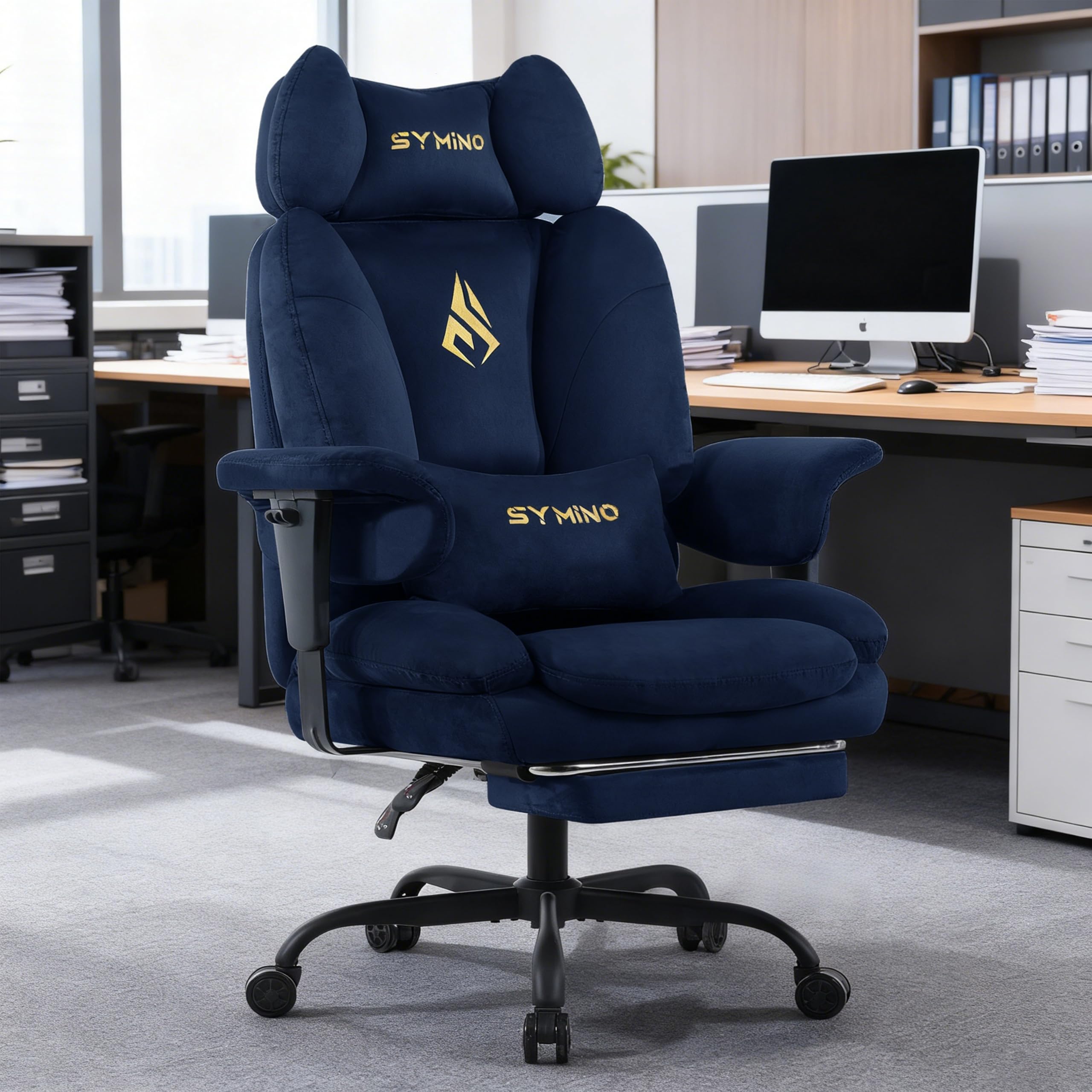 Symino Sedia Gaming in Tessuto Scamosciato Traspirante, con Poggiapiedi e Braccioli Regolabili in Altezza, Reclinabile 150°, Schienale Alto Ergonomico con Cuscino Lombare, Portata 150kg