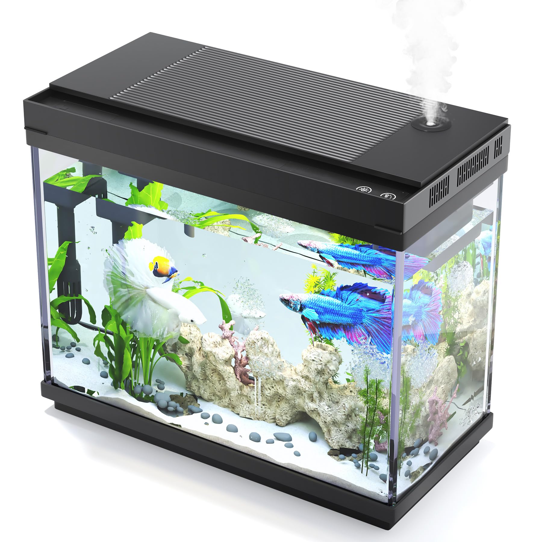 Vehipa Nano Aquarium, 9 L Aquarium Komplettset | mit 3-in-1 leiser Pumpe, intelligenter Luftbefeuchter, Temperaturanzeige, 7-farbige Beleuchtung