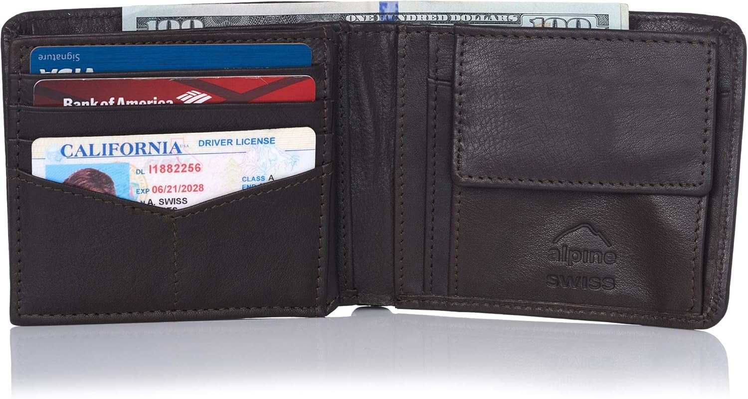 Alpine Swiss RFID Protected Men’s Max Coin Pocket Bifold Wallet with Divided Bill Section Comes in a Gift Box - Image 2
