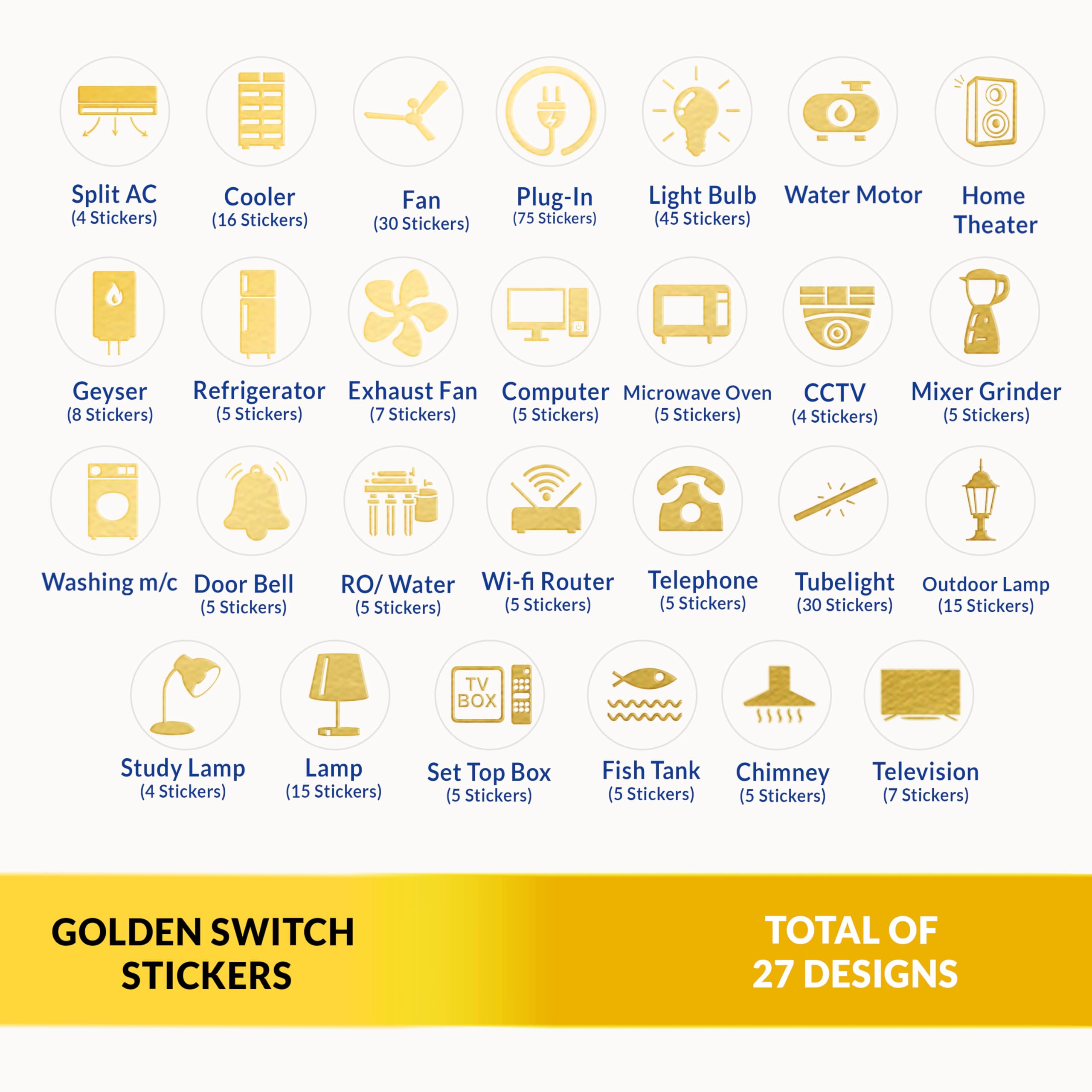 Trueflair Gold Switch Stickers Golden Embossed for Switch Board | Pack of 330 Stickers for Home Including Fan, Light and Many More 2