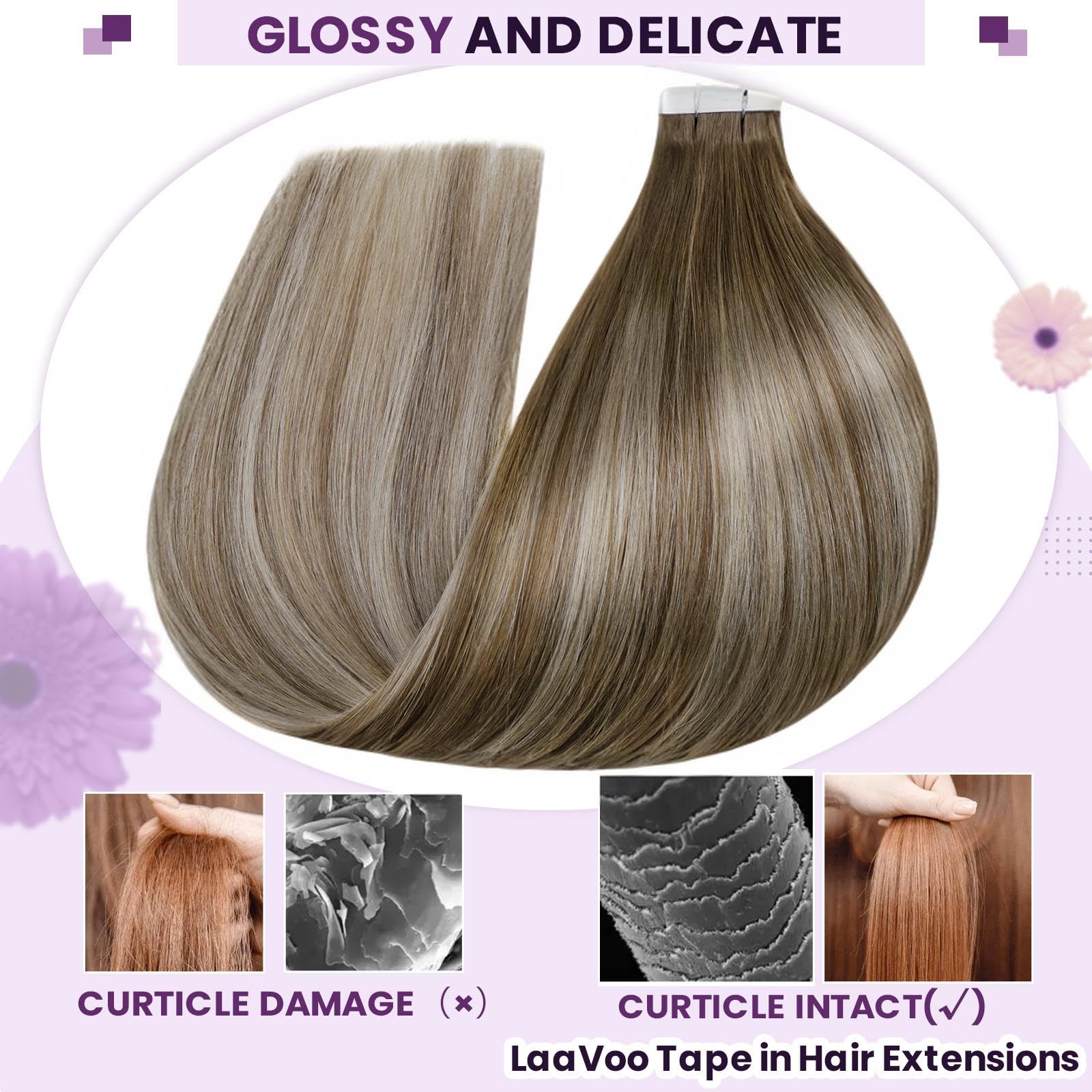 LaaVoo Tape in Hair Extensions Human Hair Balayage Tape Hair Extensions Real Human Hair Invisible Tapes Remy Straight Brown to Light Blonde Hair Double Sided Tabs 20pcs 50g 16 Inch #8/60/8 - Image 4