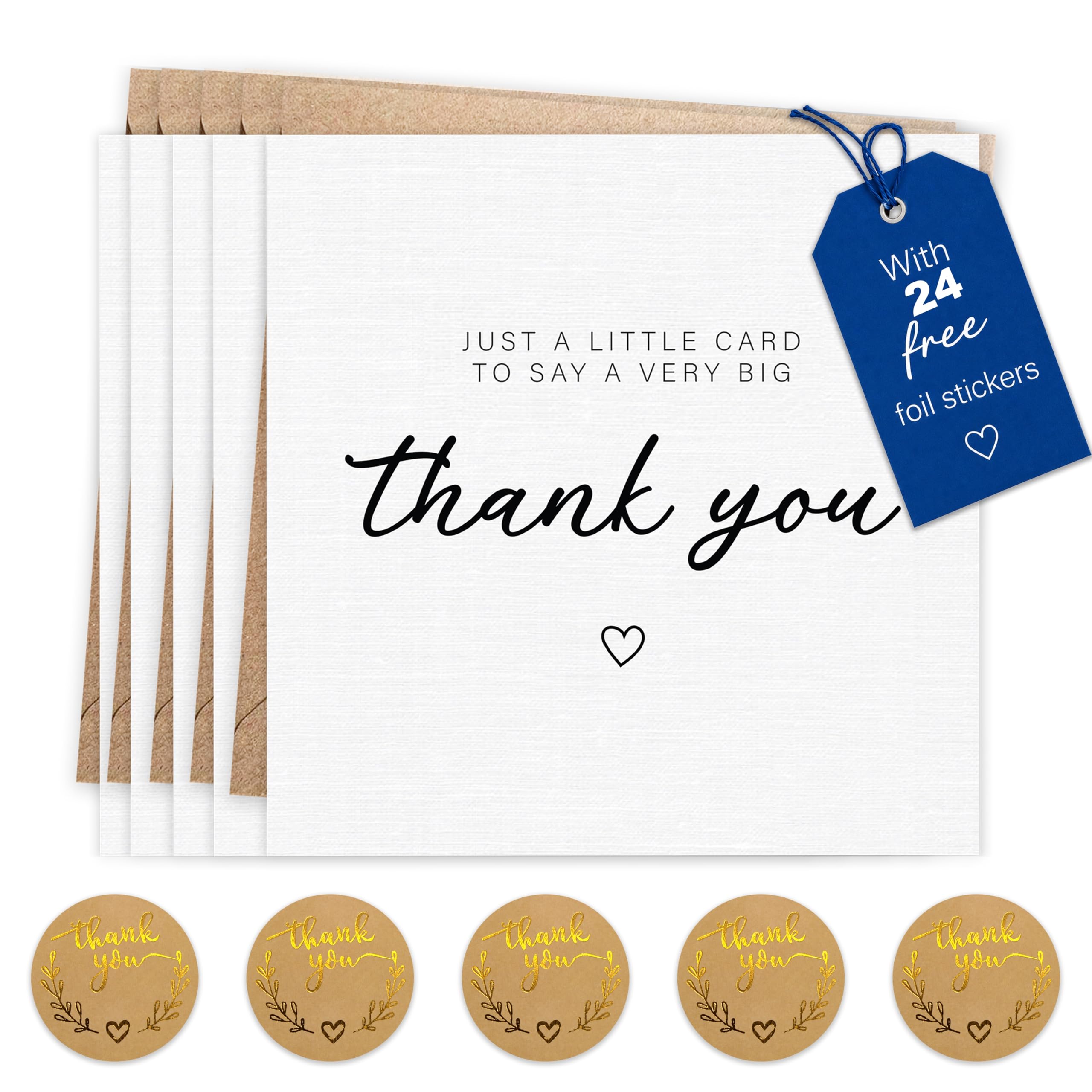 Giftinghouse 24 Thank You Cards Pack with Gold Foil Stickers and Kraft Envelopes, 12.5 x 12.5 cm – Blank Inside – Ideal for Teachers, Weddings, Kids, Christmas – Made in the UK