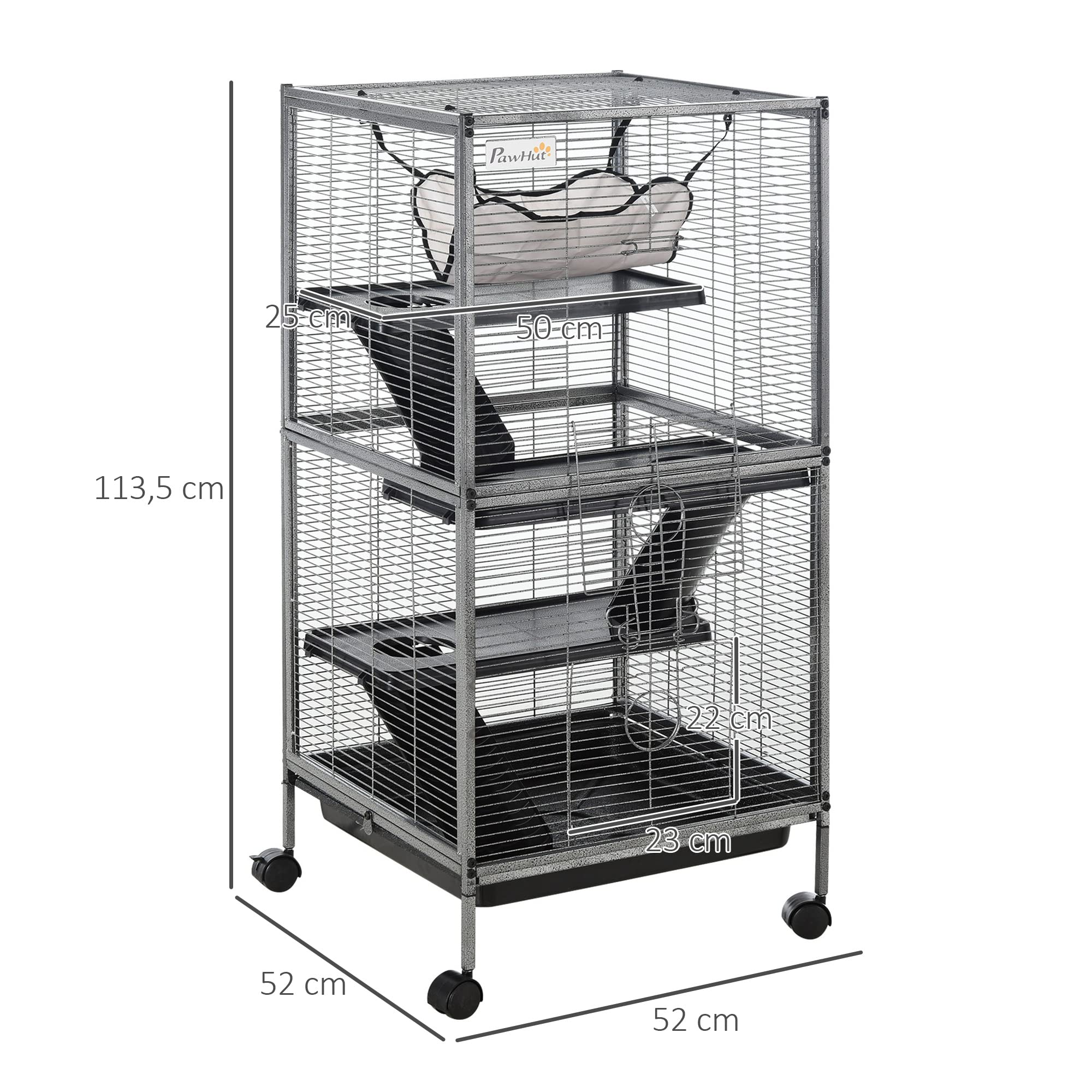 PawHut Jaula para Animales Pequeños de 4 Niveles Jaula para Roedores con Ruedas 2 Puertas 3 Rampas Hamaca Colgante y Bandeja Extraíble para Chinchillas 52x52x113,5 cm Gris Plateado
