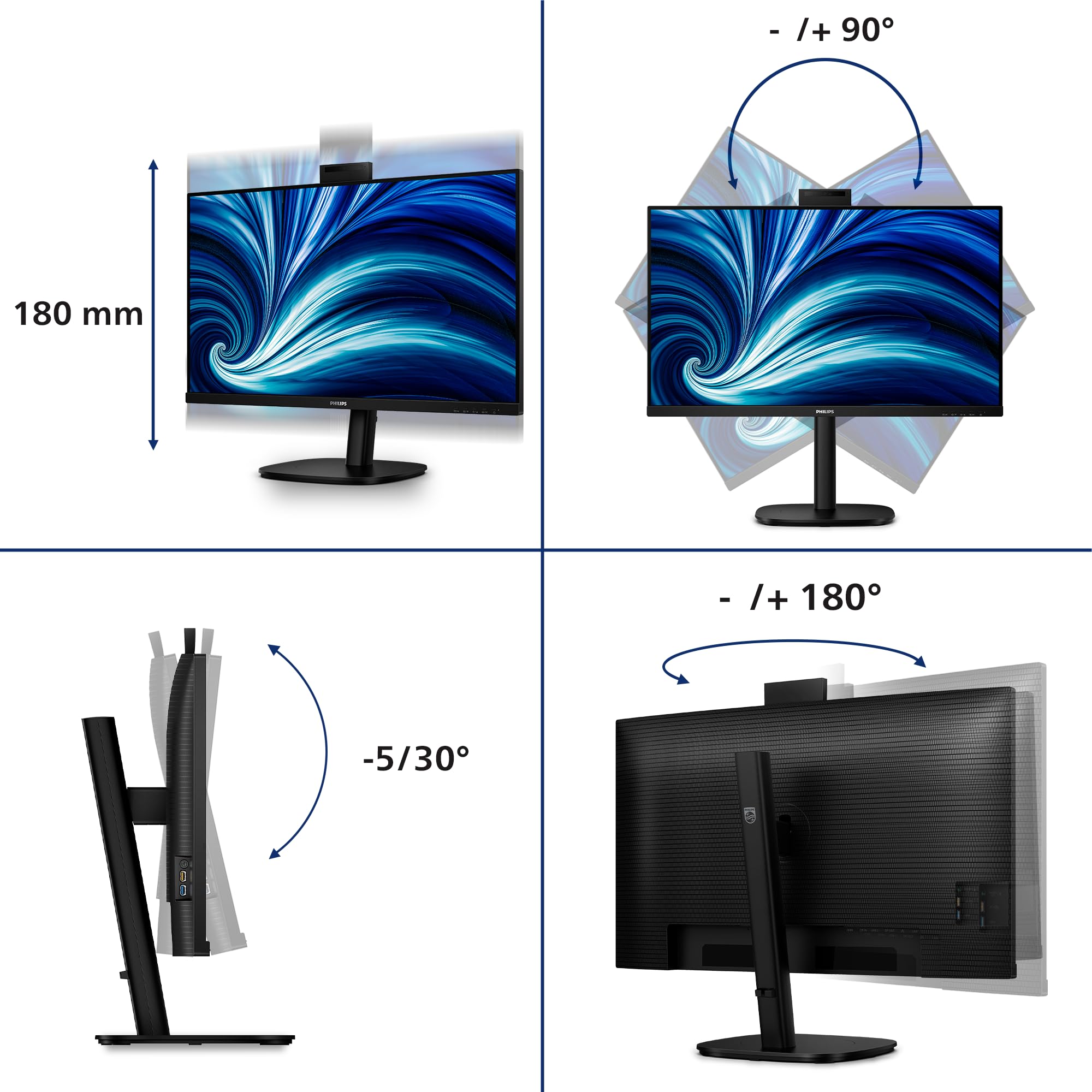 PHILIPS Monitor 32B2U3601H 32 pollici 2560x1440, WQHD, 100Hz, IPS Panel, 4ms GtG, USB HubWebcam, Speakers, Height Adjustment, (HDMI1x 2.0 DP 1x 1.4) Nero