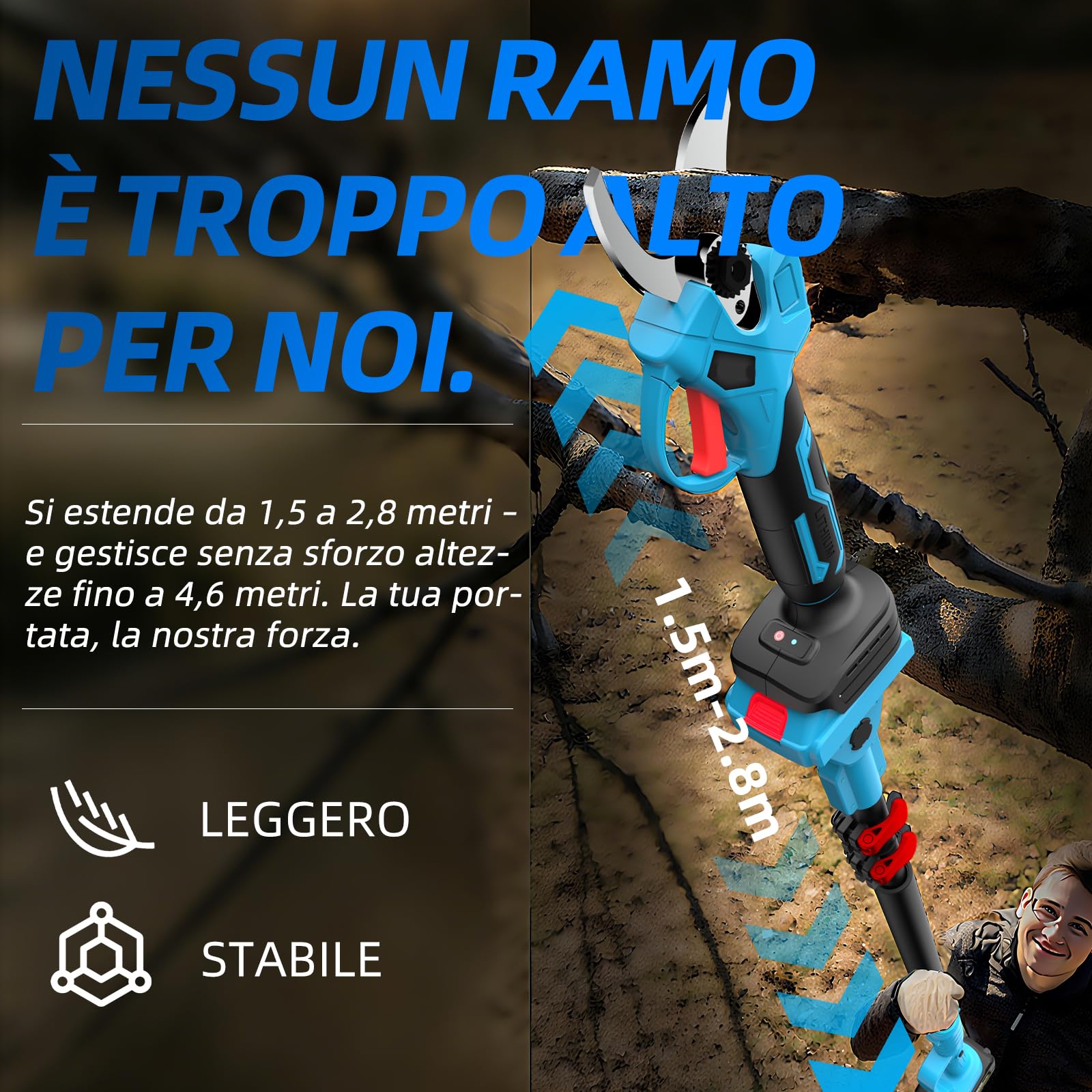 Asta telescopica per cesoie elettriche e seghe a batteria – 1,2–2,5 m estensibile, testa regolabile a 90°, altezza di lavoro fino a 4,6 m, compatibile con Makita 18V