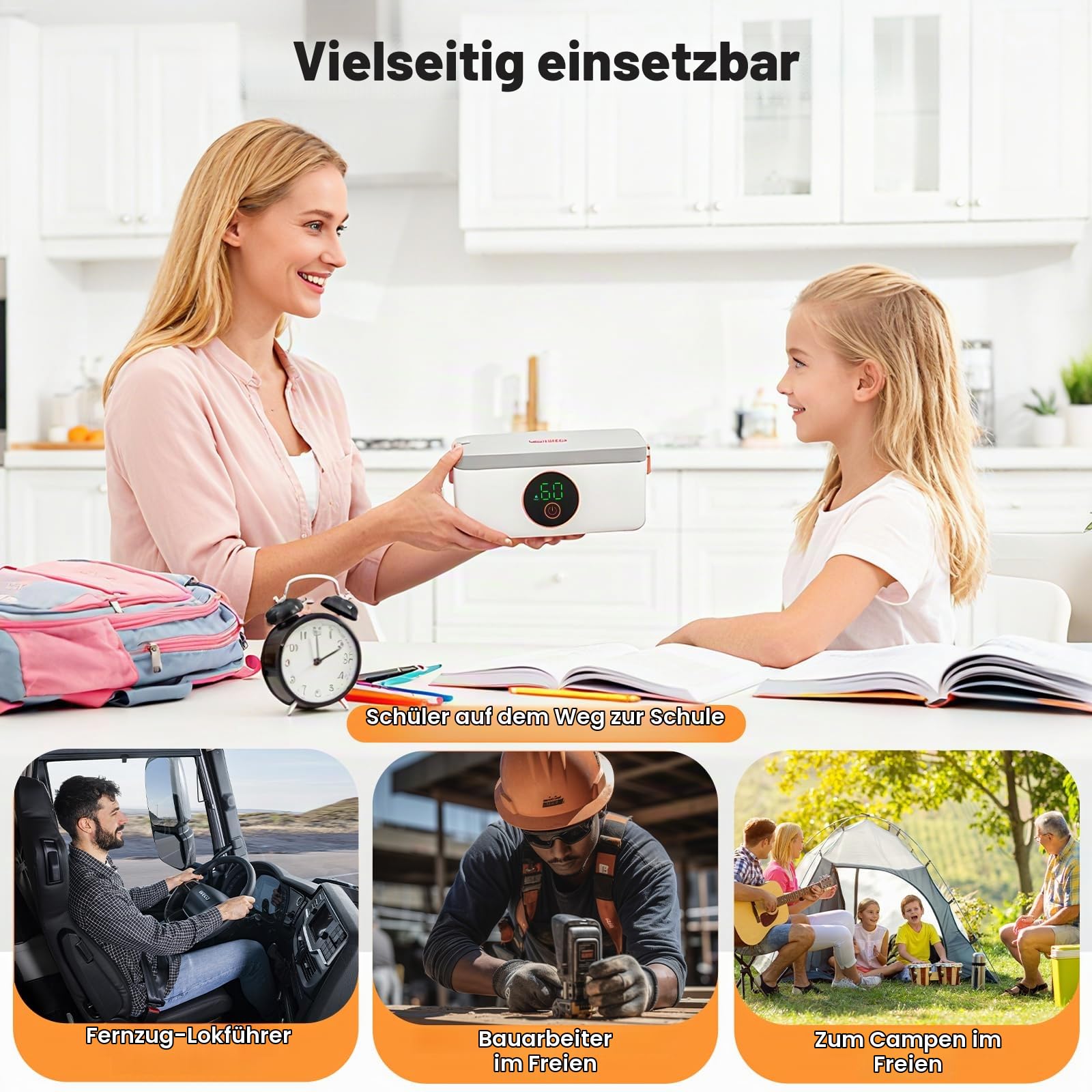 Elektrische Lunchbox mit Akku, Kabelloses Tragbare Beheizte Lunchbox, 1L Herausnehmbare Edelstahl-Brotdose, Isoliert & Selbstaufheizend, 6 Temperatur & 6 Timer, für Büro, Picknick, Auto, Außen