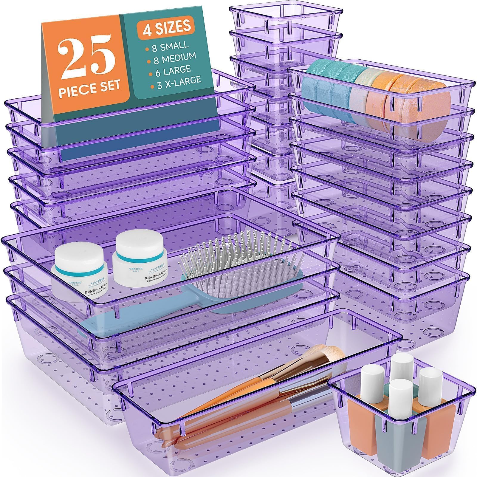 25 PCS Drawer Organizer Set, 4 Varied Size Bathroom and kitchen Drawer cabinet organizer Trays, Clear Storage Bins for Makeup, Jewelry, Utensils and Gadgets， Purple