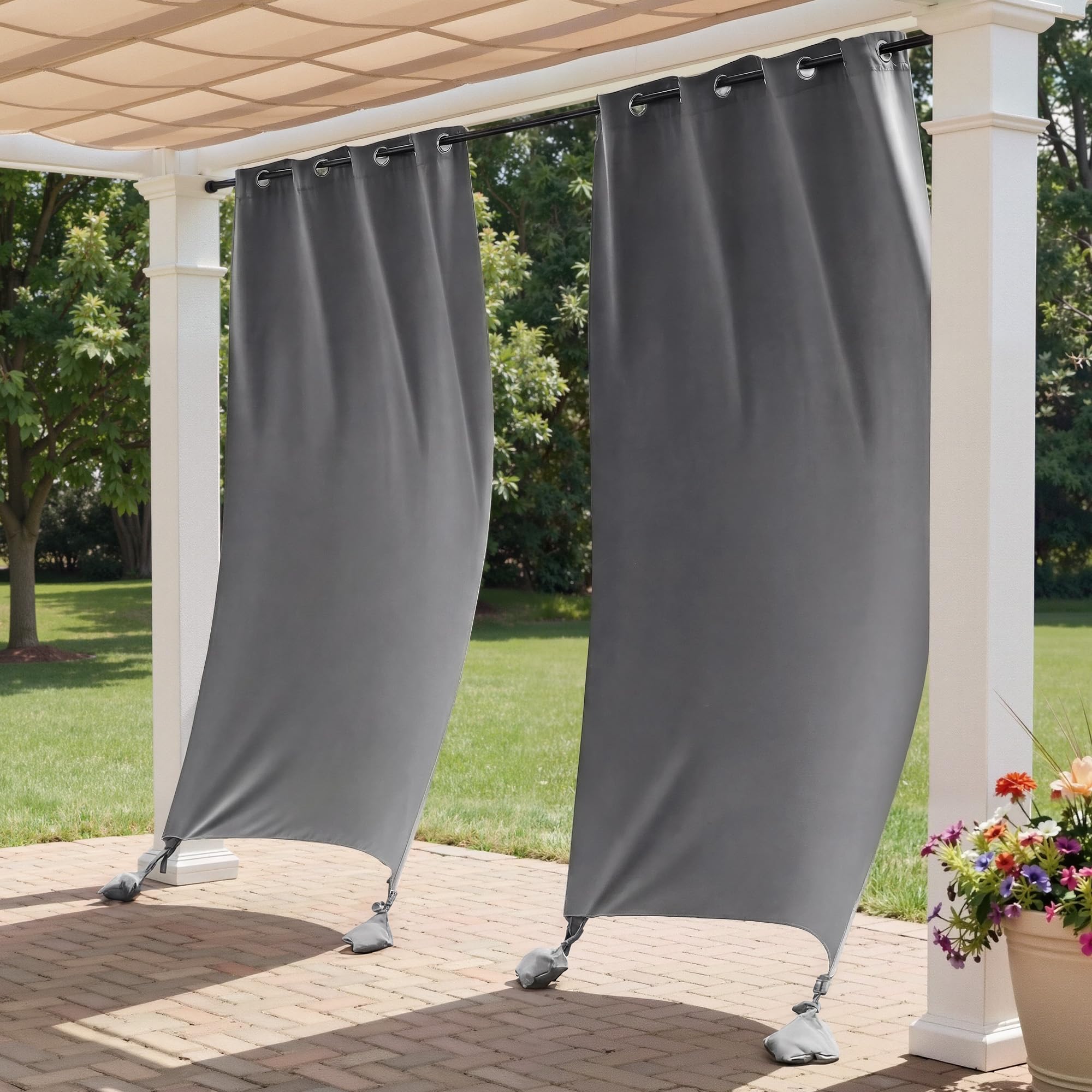 PONY DANCE Rideaux d'Extérieur Coupe-Vent - Rideaux Occultants Imperméables a Sacs Lestés pour Patio de Chambre Maison Douche de Piscine, 2 Pièces, L132 x H213cm, Anti-décoloration Gris