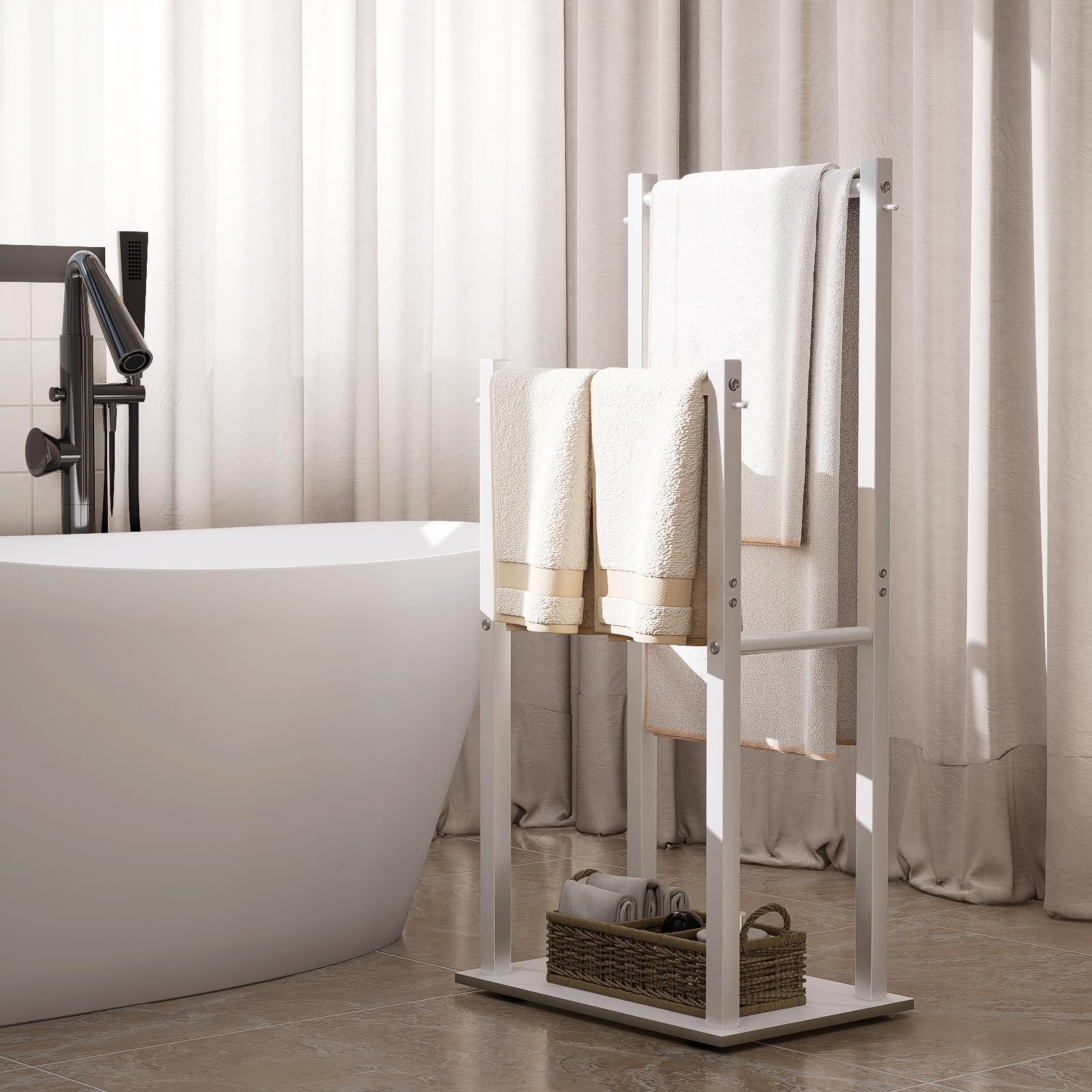 Yawinhe Portasciugamani da Terra, Porta Asciugamani Bagno con 2 Bracci, Accessori da Bagno,Organizzatore per Asciugamani, Coperte, Vestiti, 39x26x80cm, Bianco, SMJ002W-