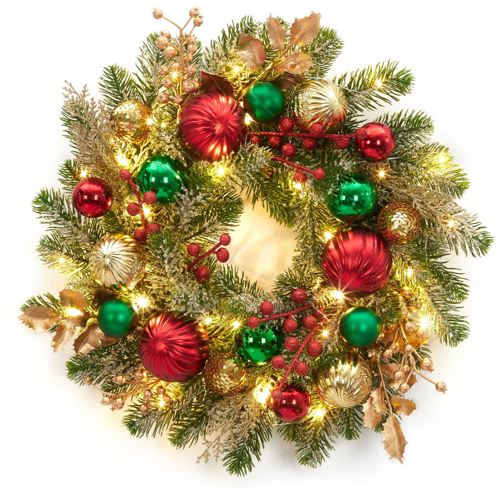 Couronne de Noël de 40,6 cm pour porte d'entrée, couronne de Noël lumineuse avec 30 lumières LED, minuteur, boules de Noël rouges, vertes, dorées, à piles, couronne d'hiver floquée pour