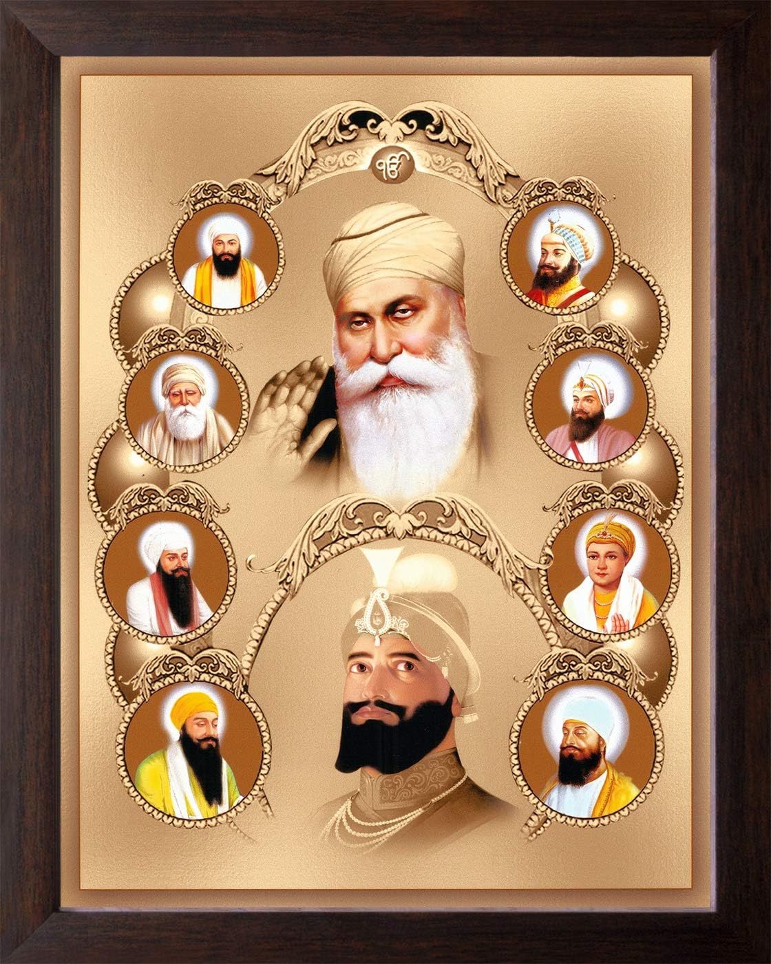 Art n Store All Ten Sikh Gurus Painting, HD Printed Decor & Religious Framed Picture for Home, Office, Gurudwara (Small Size - 7 x 9 inch)