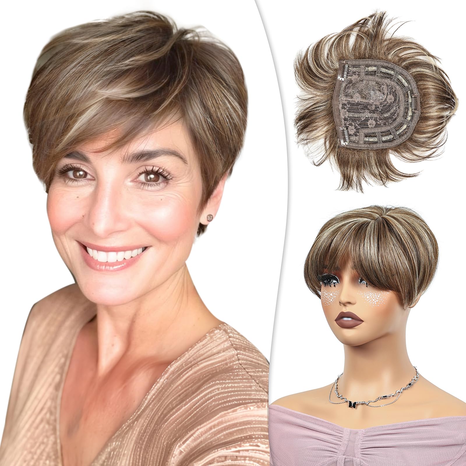 PHOCAS Short Hair Toppers for Women with Thinning Hair Magic Pixie Cut Topper Hair Piece Natural Synthetic Highlight Brown Toppers for Hair Loss Women