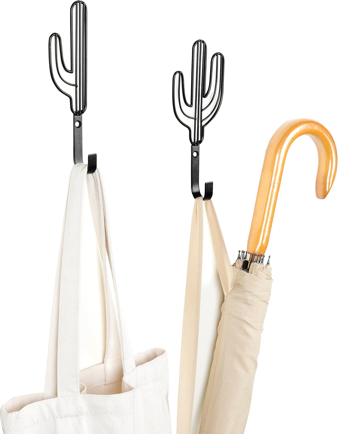 MyGift Wall Mounted Black Metal Coat Hooks with Cute Cactus Shaped Design, Decorative Hooks for Hanging Hat, Coat, Towel, Leash, Laynard, Set of 2