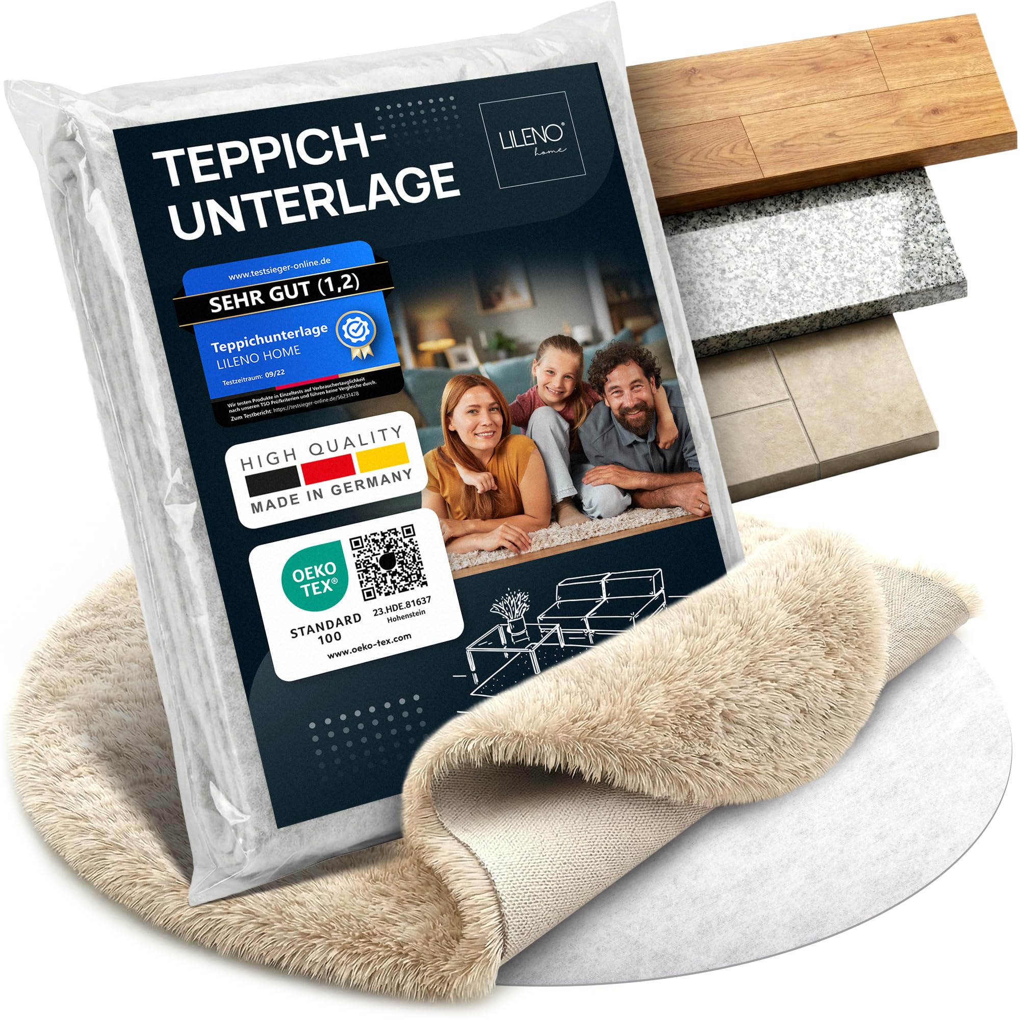 LILENO HOME Teppich-Unterlage rutschfest [100 cm rund] aus Vlies dünn - Anti-Rutsch-Matte zuschneidbar - Antirutschmatte Teppich Stopper - Universal Teppichunterlage - Rutschmatte Teppichstopper