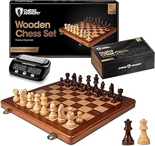 Chess Armory 15 inches Sapele Wooden Chess Set and Chess Clock Bundle for Kids and Adults