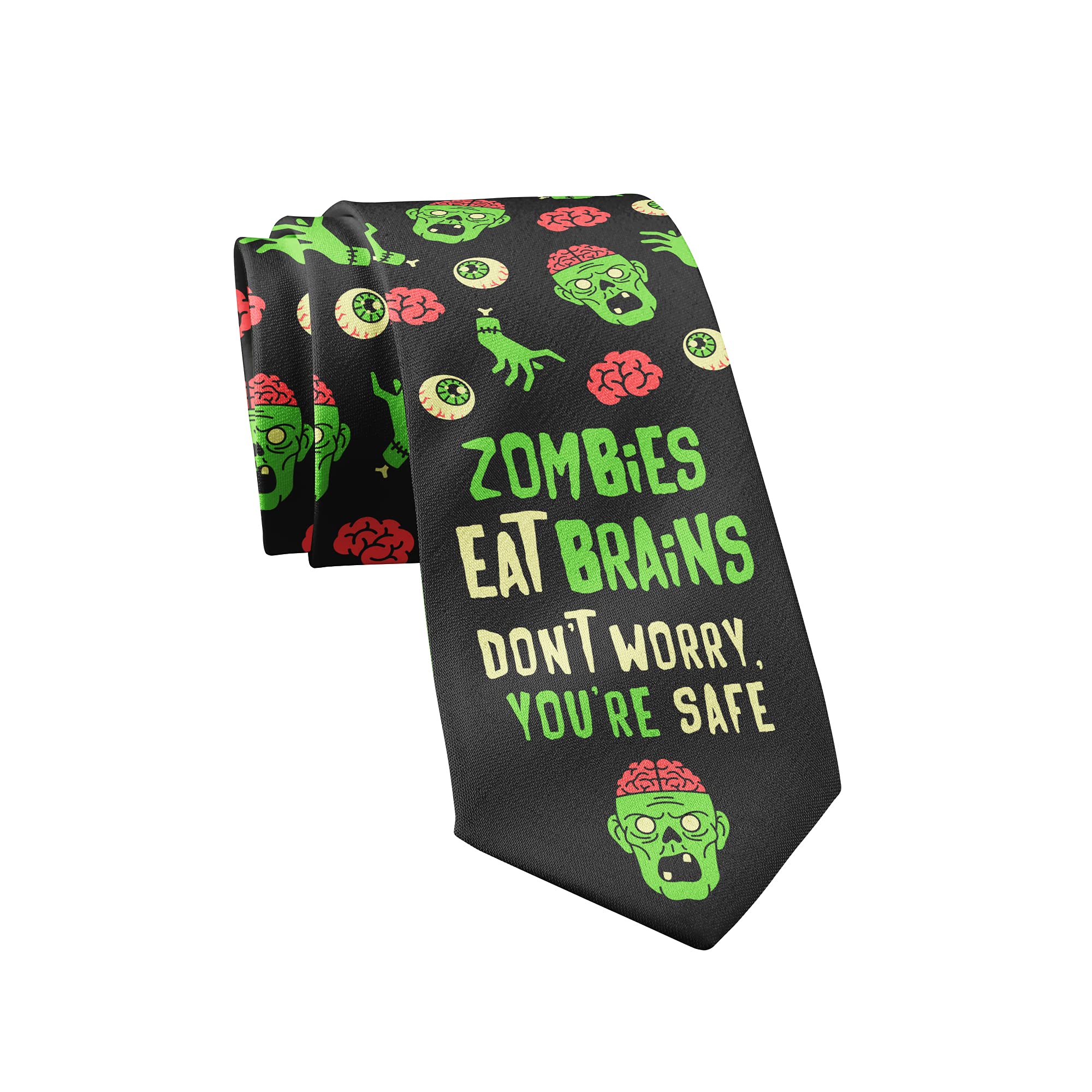 Xoovtka Crazy Dog Men's Neckties Zombies Eat Brains Don’t Worry You’re Safe Halloween Tie