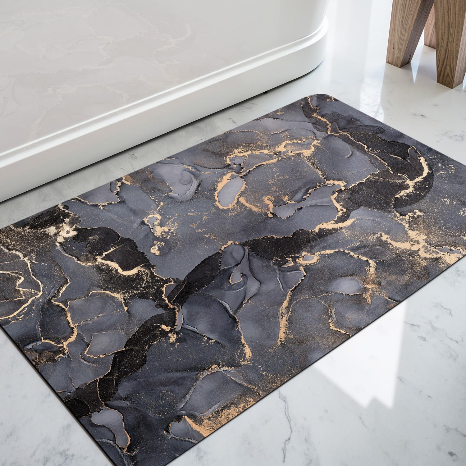 Non-Slip Bath Mat 43 x 80 cm, Super Absorbent Quick Drying Thin Bathroom Mats for Bathtub Side Floor, Easy to Clean, Dark Gray