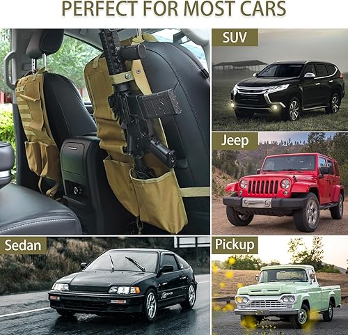 Miniatura 6 de Soporte para rifle para camión, 2 piezas de soporte para armas de asiento trasero con panel táctico Molle, organizador de armas de asiento de