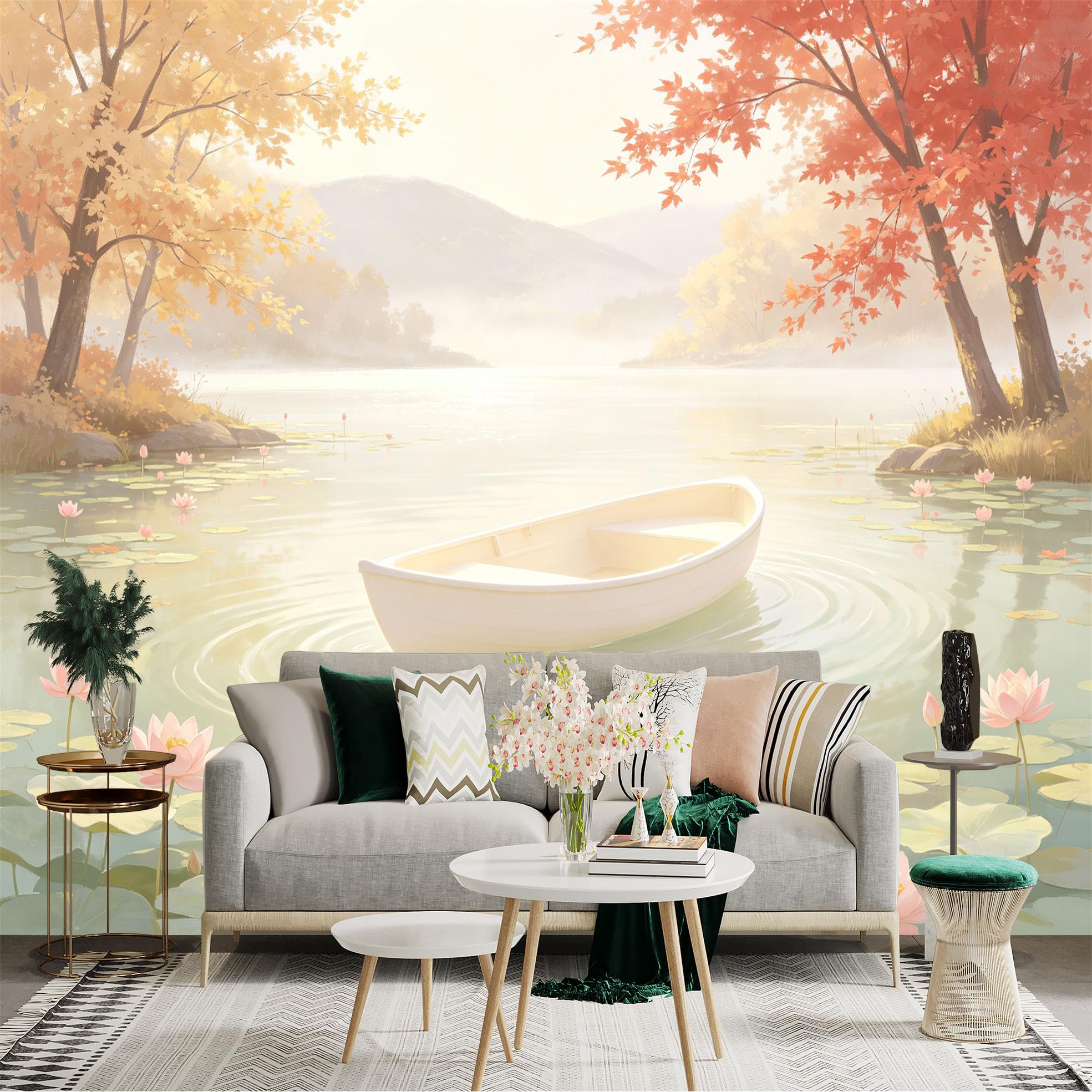 Custom Size Wall Sticker Mural， Serene Autumn Lake with Floating Boat， Blooming Pink Lotus Flowers， Peaceful Morning Mist， for wall Decoration， peelandstick wall Decals.