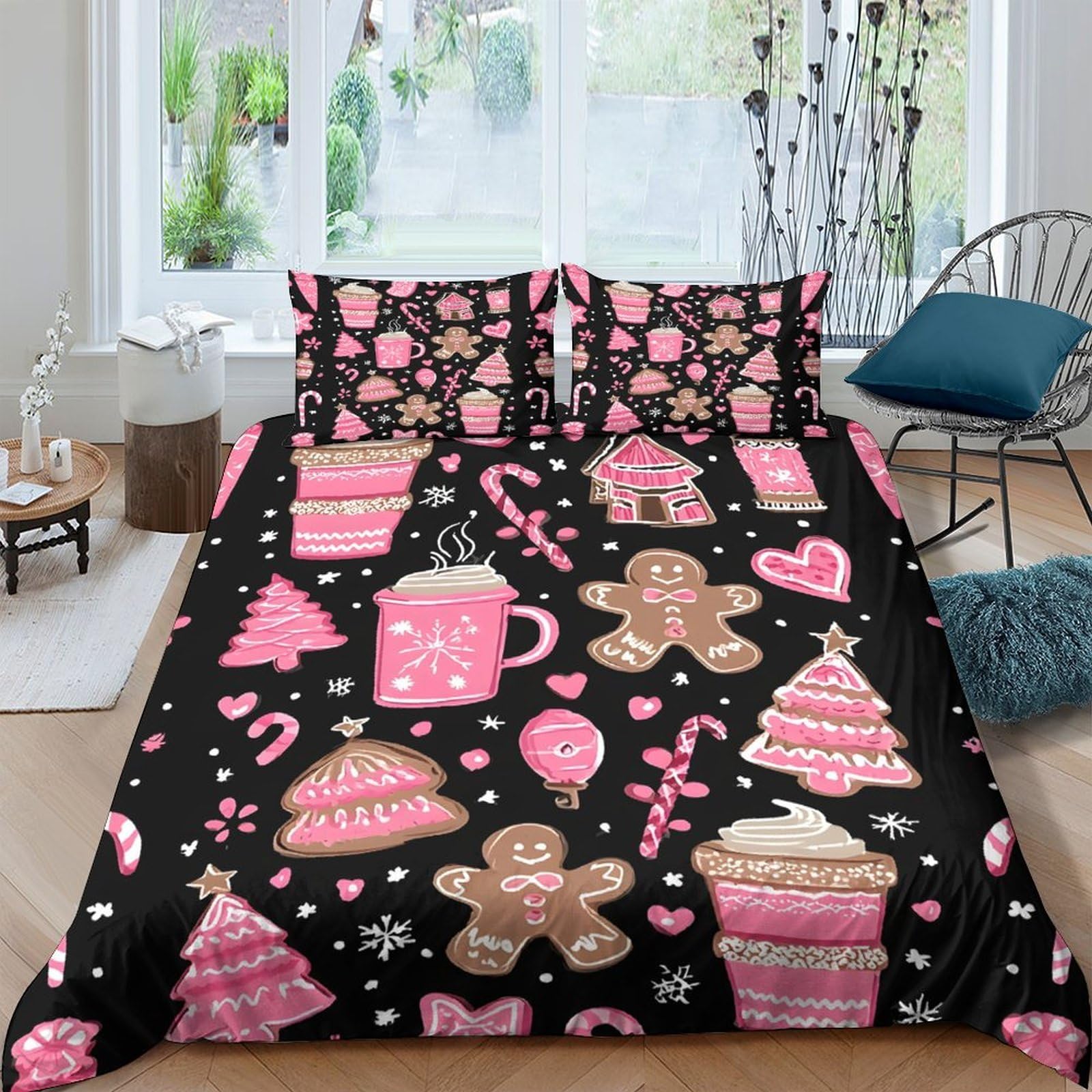 Ctjqhvkz Style-6 3D Printed Gingerbread Cookie Fitted Sheet Microfiber Black Pink Christmas Tree Bed Cover For Bedroom Guest Room Single（135X200cm）