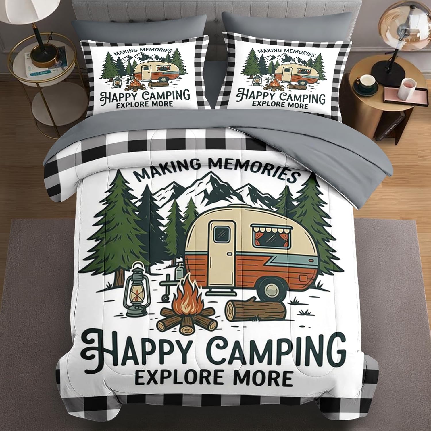 WeCozy King Size Rv Comforter Set with 2 Pillowcases & 2 Shams, Happy Camping Vintage 7 Pcs Bedding Set for Kids and Adults, Mountain Nature Bed in a Bag with Flat Sheet and Fitted Sheet