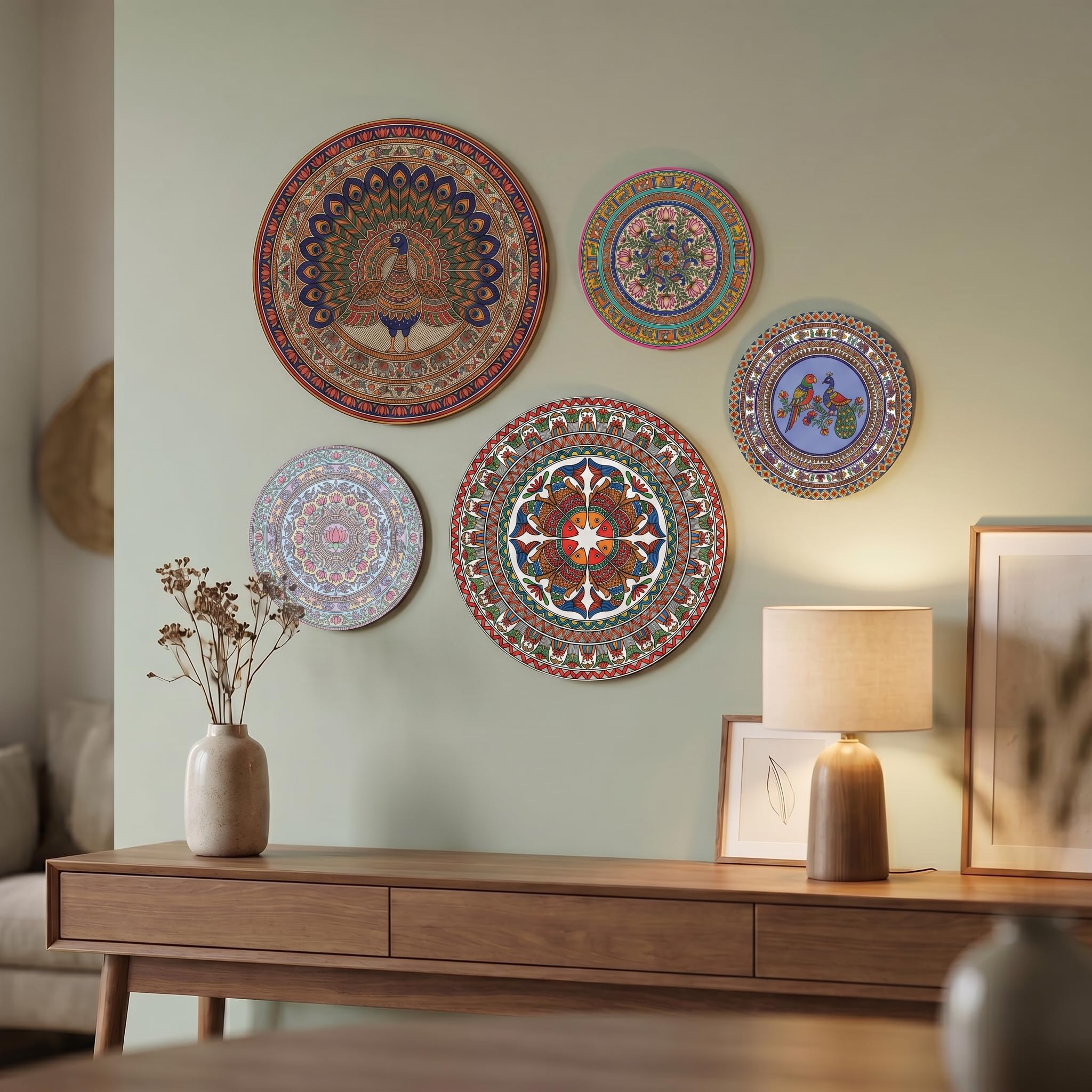 DELWOR Blue Madhubani Art Wooden Wall Decor Set of 5 | Decorative Round Wall Plates for Living Room | Home Decoration | Living Room Wall Decoration | Wall Decor Items | Wall Art-image-15